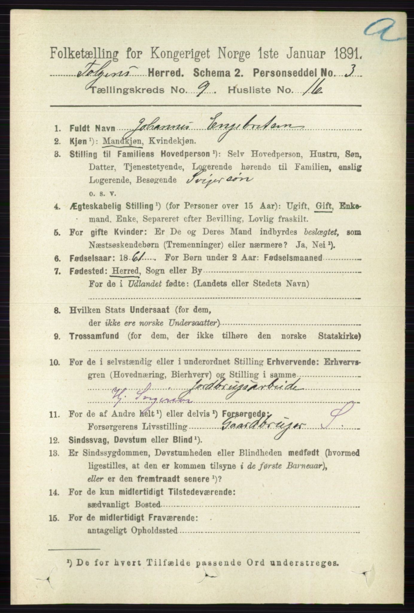 RA, 1891 census for 0436 Tolga, 1891, p. 2611