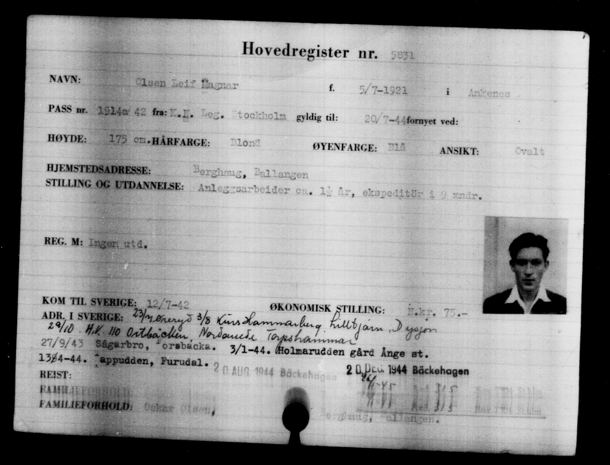 Utenriksstasjonene, Legasjonen i Stockholm, Flyktningkontoret, AV/RA-S-6753/V/Va/L0004: Kjesäterkartoteket, flyktninger med registreringsnr. 3496-6610, 1940-1945, p. 2716