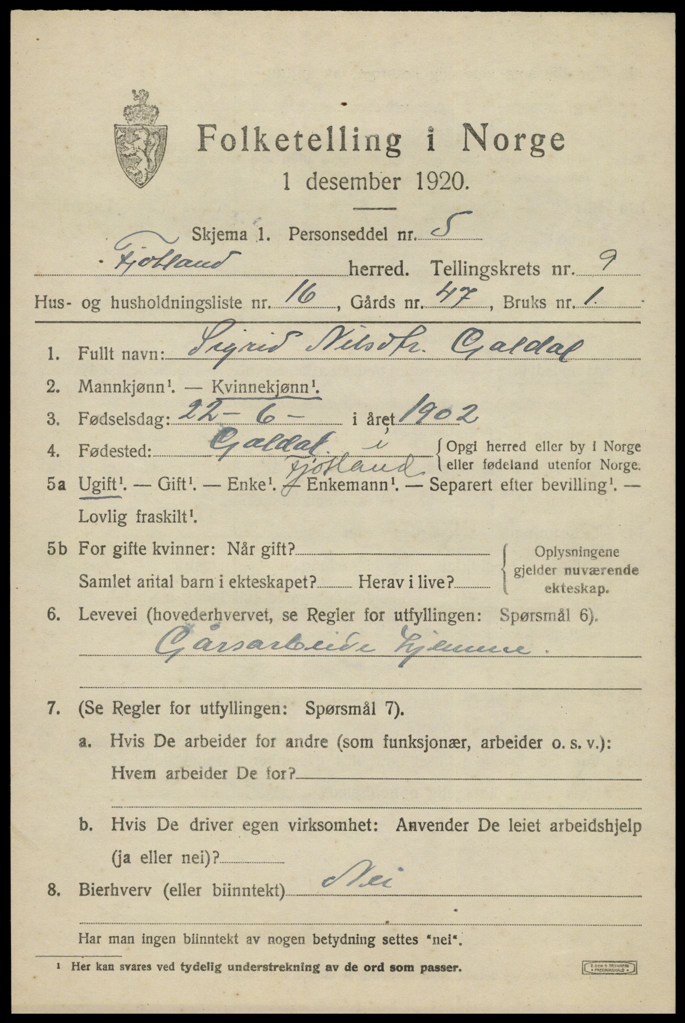 SAK, 1920 census for Fjotland, 1920, p. 2400
