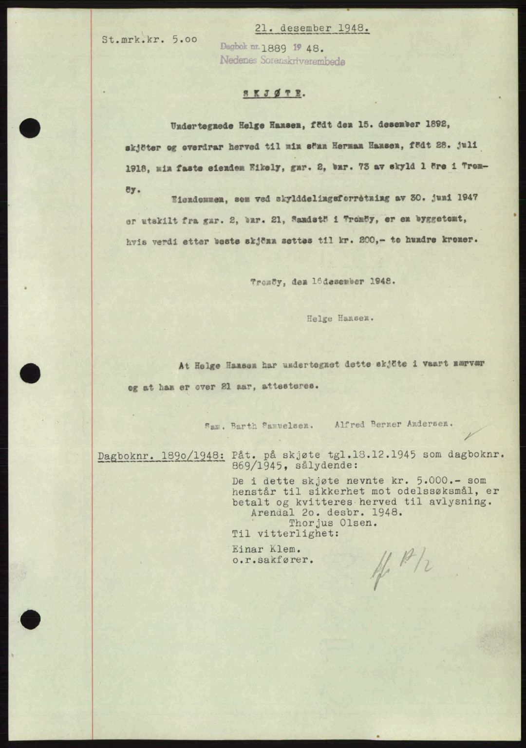 Nedenes sorenskriveri, AV/SAK-1221-0006/G/Gb/Gba/L0060: Mortgage book no. A12, 1948-1949, Diary no: : 1889/1948