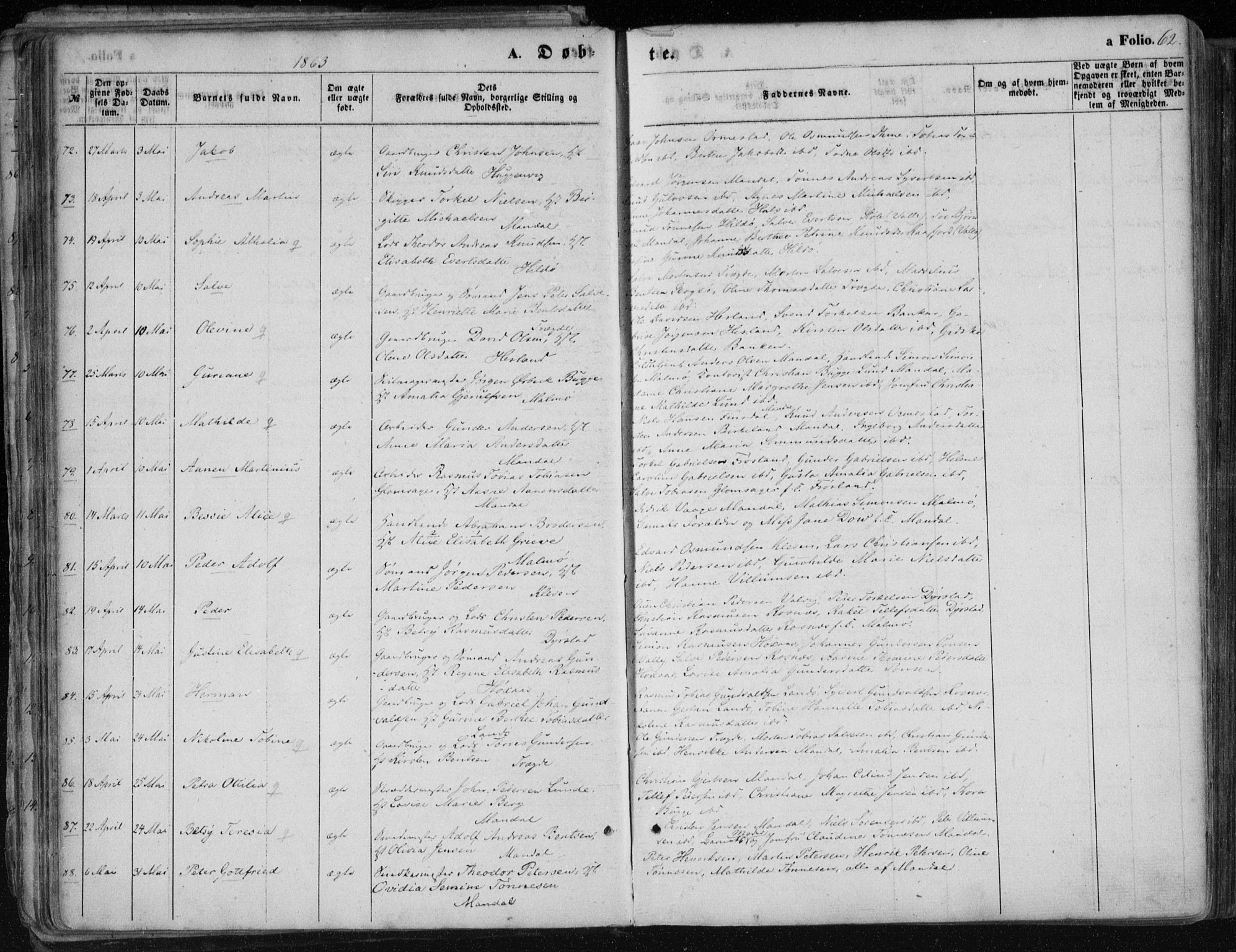 Mandal sokneprestkontor, AV/SAK-1111-0030/F/Fa/Faa/L0014: Parish register (official) no. A 14, 1859-1872, p. 62