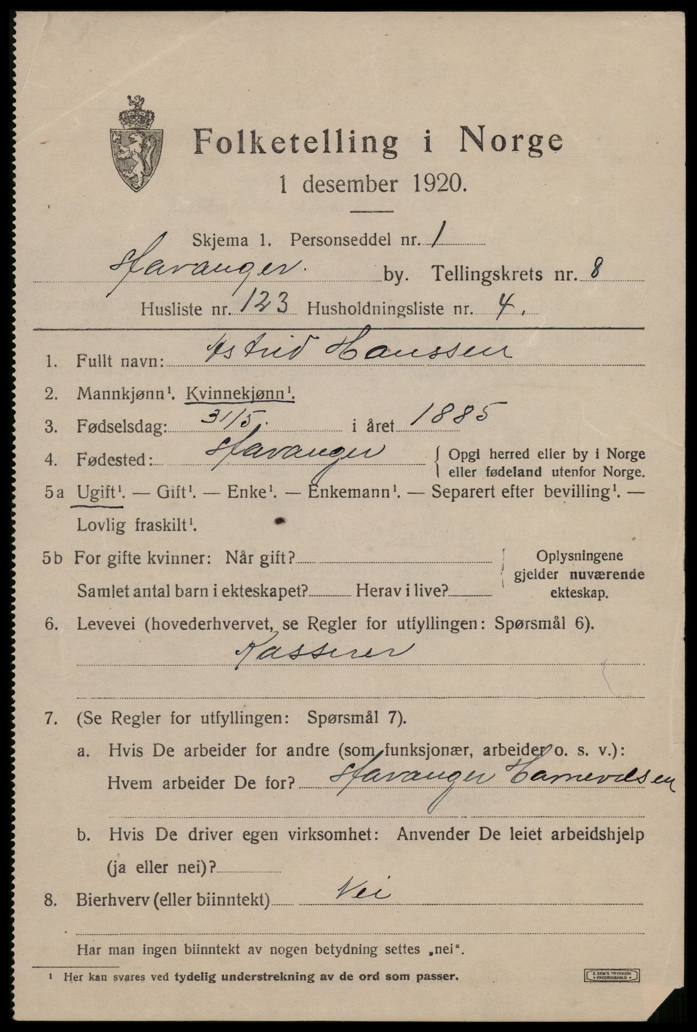 SAST, 1920 census for Stavanger, 1920, p. 49652