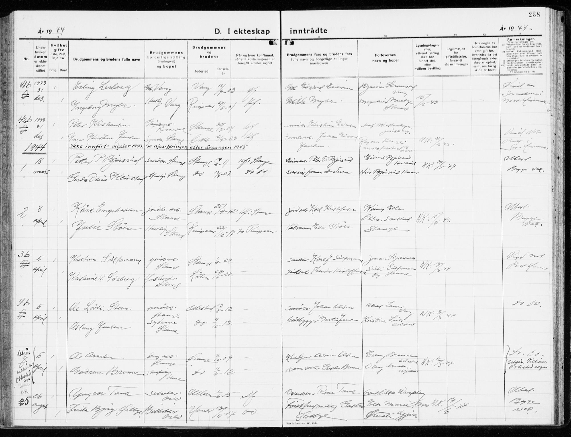 Stange prestekontor, AV/SAH-PREST-002/K/L0027: Parish register (official) no. 27, 1937-1947, p. 238