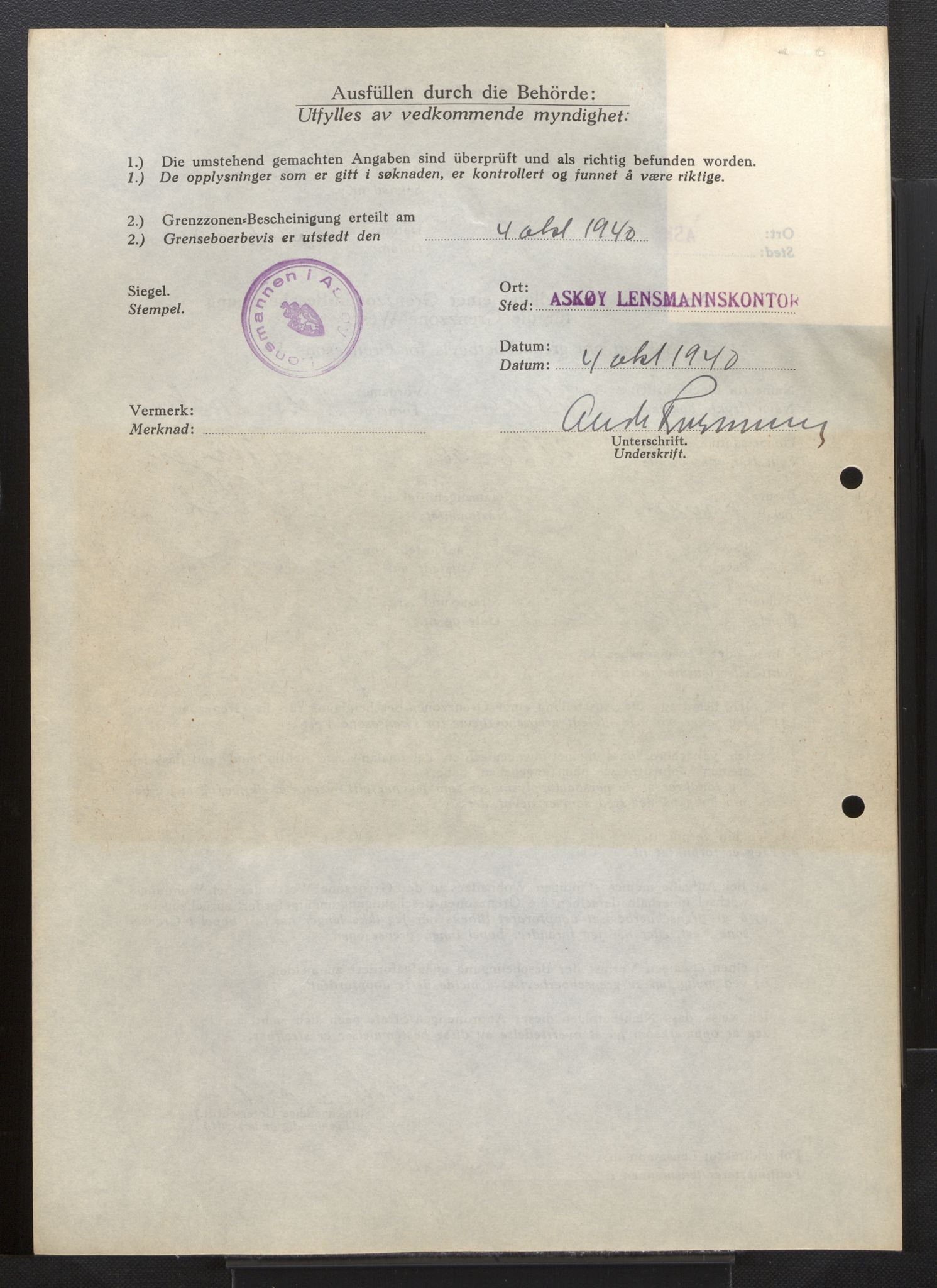 Lensmannen i Askøy, AV/SAB-A-31001/0026/L0005: Søknader om grensebuarbevis 851 - 1275, 1940, p. 20