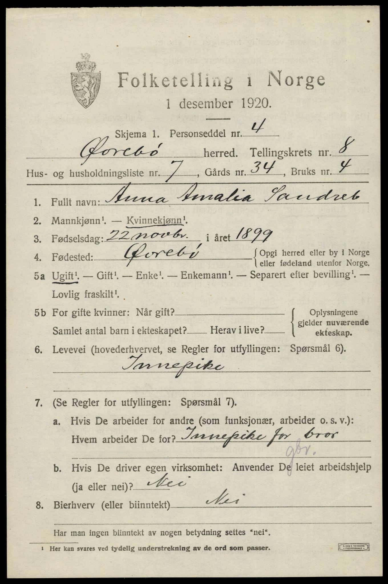 SAK, 1920 census for Øvrebø, 1920, p. 1782