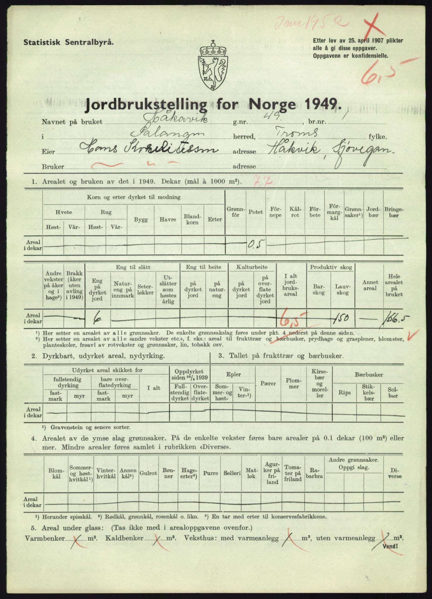 Statistisk sentralbyrå, Næringsøkonomiske emner, Jordbruk, skogbruk, jakt, fiske og fangst, AV/RA-S-2234/G/Gc/L0438: Troms: Salangen og Bardu, 1949, p. 162