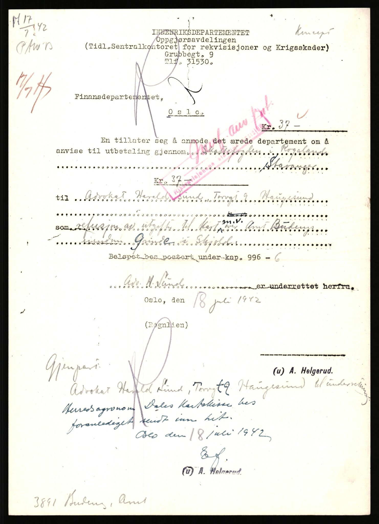 Forsvarsdepartementet, 10. kontor / Oppgjørskontoret, AV/RA-RAFA-1225/D/Dd/L0351: Rogaland, 1941-1958, p. 47