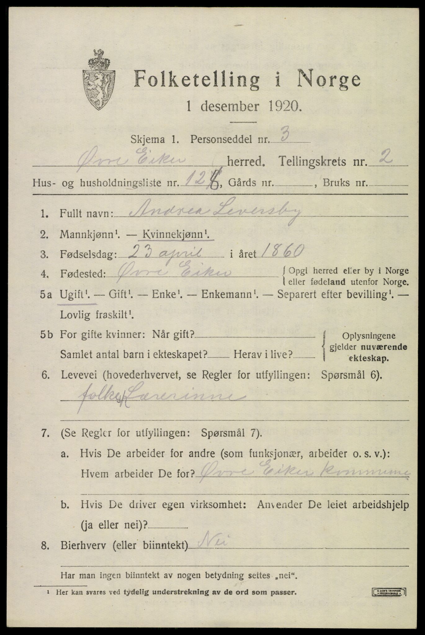 SAKO, 1920 census for Øvre Eiker, 1920, p. 8092