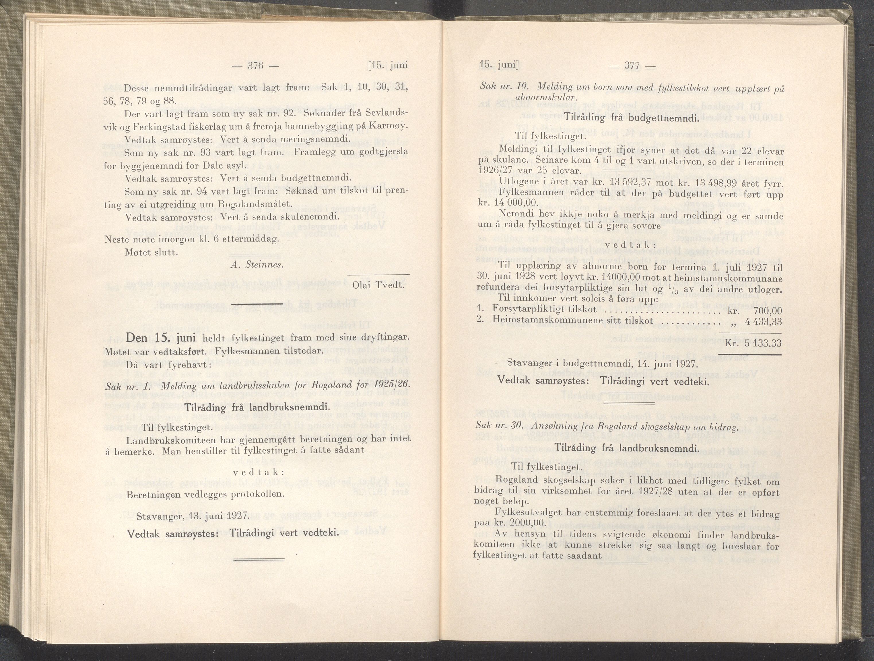 Rogaland fylkeskommune - Fylkesrådmannen , IKAR/A-900/A/Aa/Aaa/L0046: Møtebok , 1927, p. 376-377