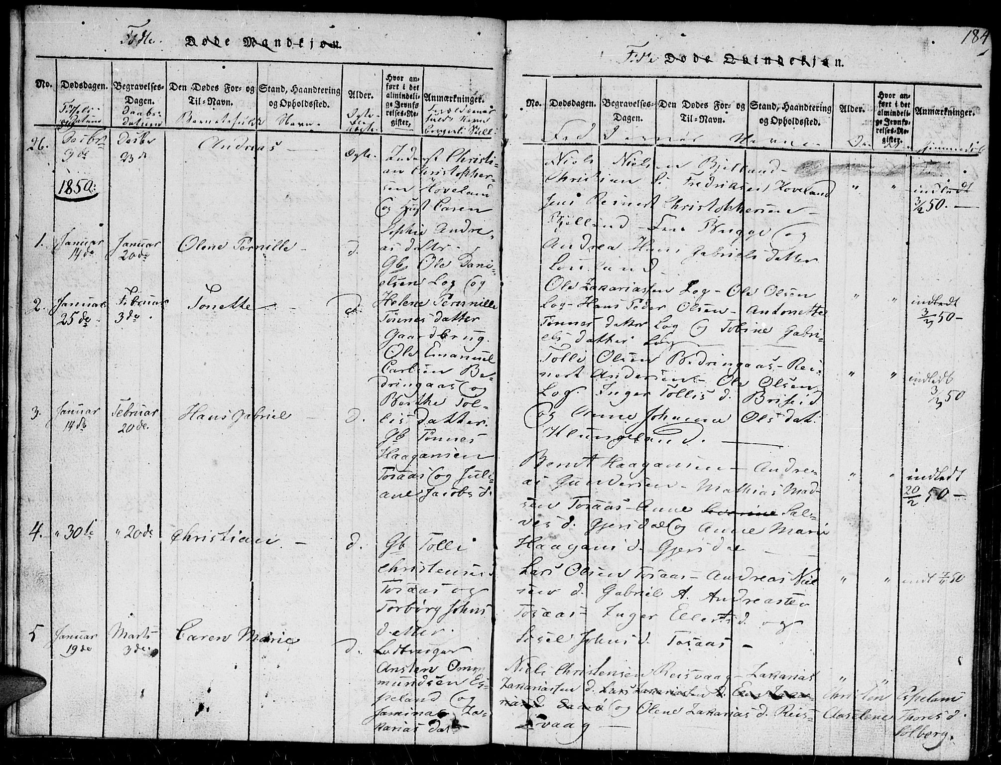 Herad sokneprestkontor, AV/SAK-1111-0018/F/Fb/Fba/L0001: Parish register (copy) no. B 1, 1815-1852, p. 184