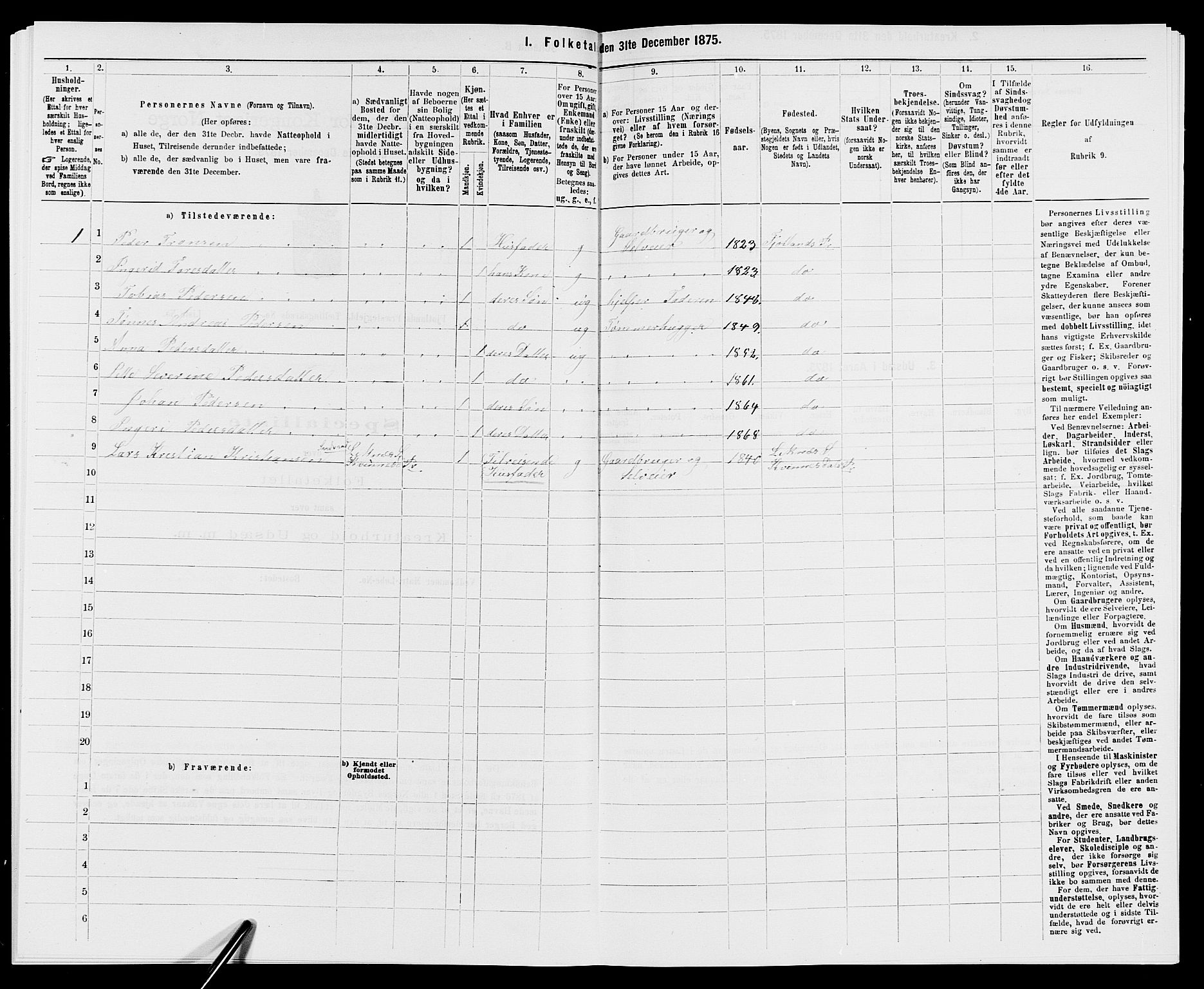 SAK, 1875 census for 1036P Fjotland, 1875, p. 378