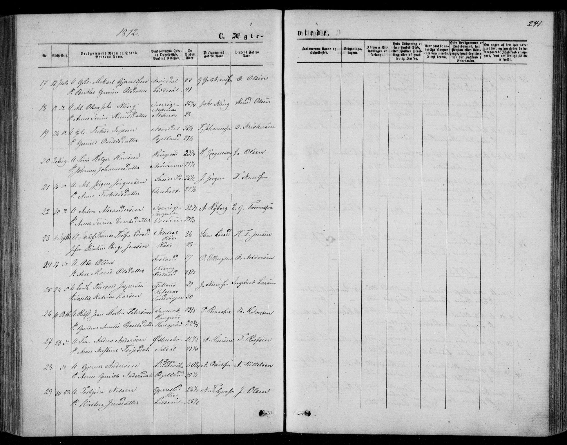 Øyestad sokneprestkontor, SAK/1111-0049/F/Fb/L0008: Parish register (copy) no. B 8, 1872-1886, p. 241