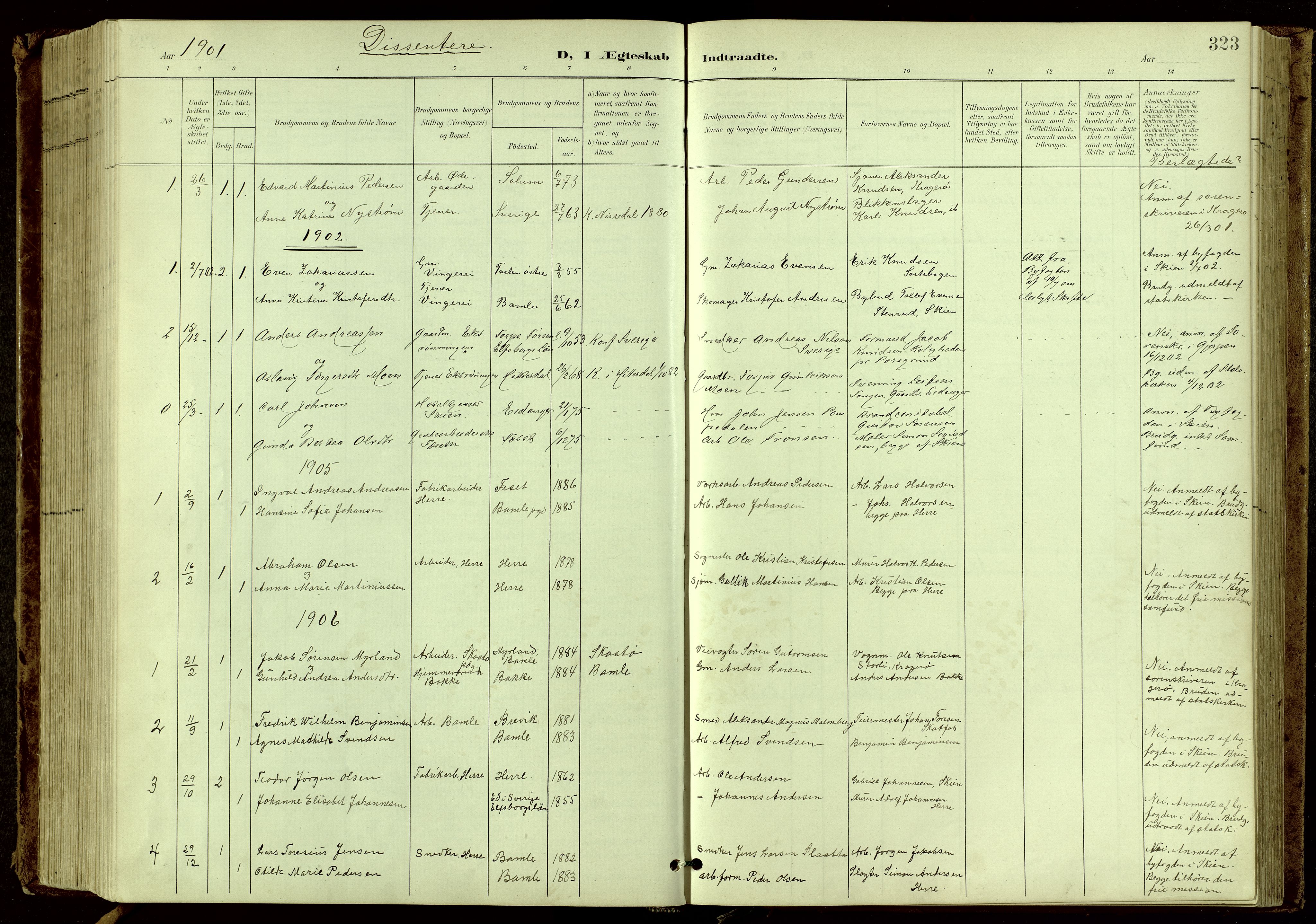 Bamble kirkebøker, SAKO/A-253/G/Ga/L0010: Parish register (copy) no. I 10, 1901-1919, p. 323