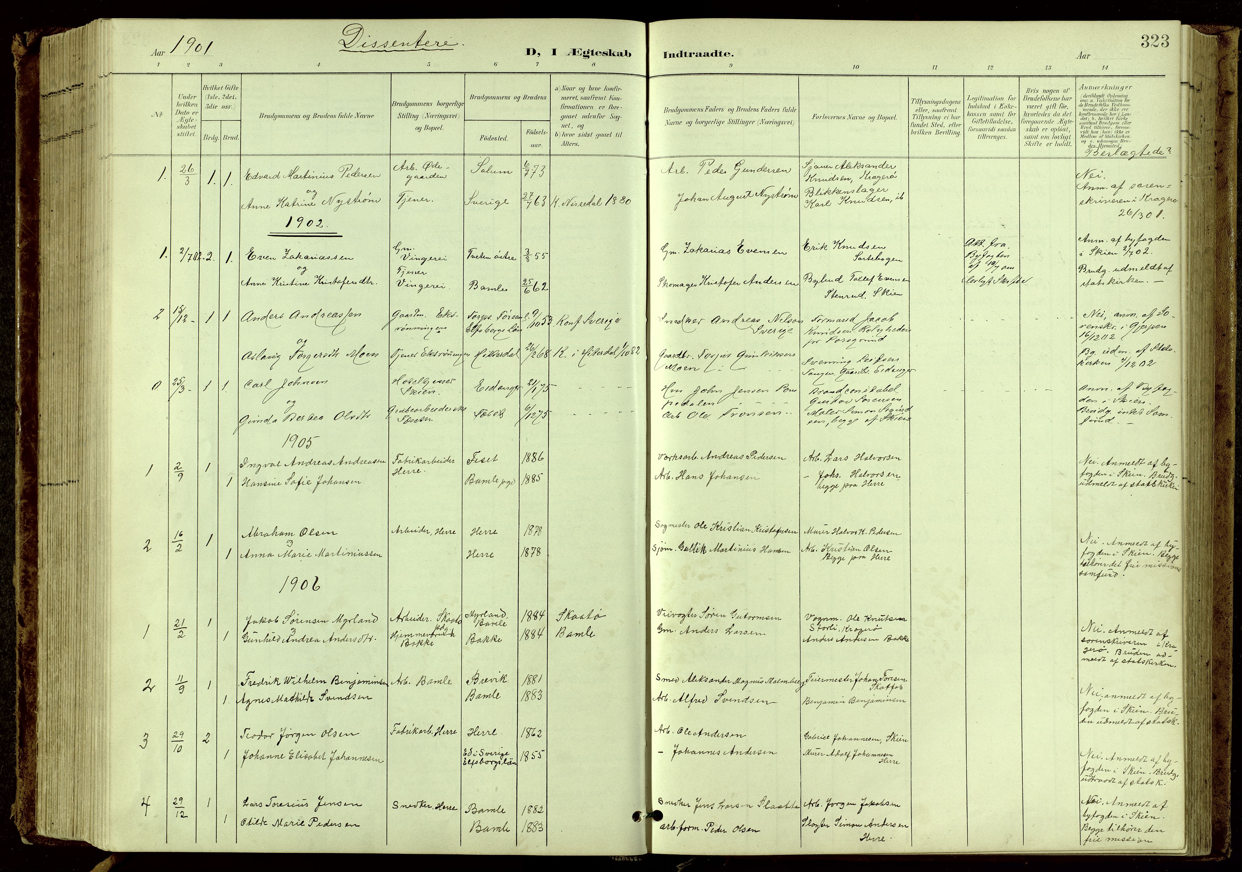 Bamble kirkebøker, AV/SAKO-A-253/G/Ga/L0010: Parish register (copy) no. I 10, 1901-1919, p. 323