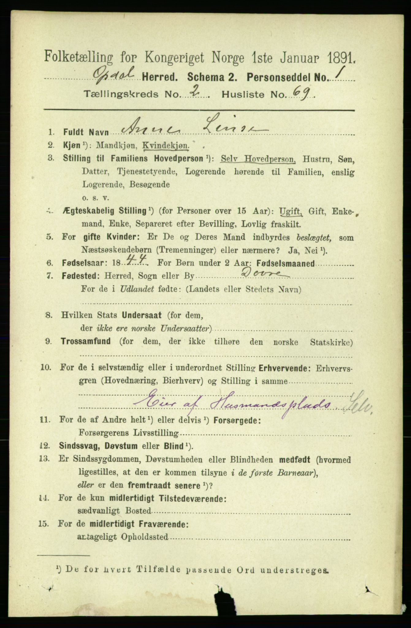 RA, 1891 census for 1634 Oppdal, 1891, p. 1142