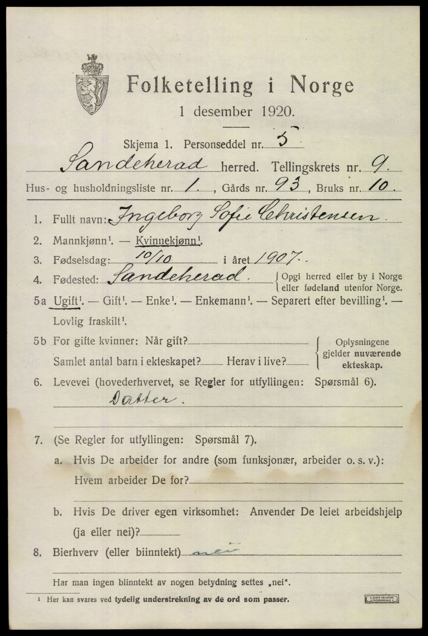 SAKO, 1920 census for Sandeherred, 1920, p. 14286