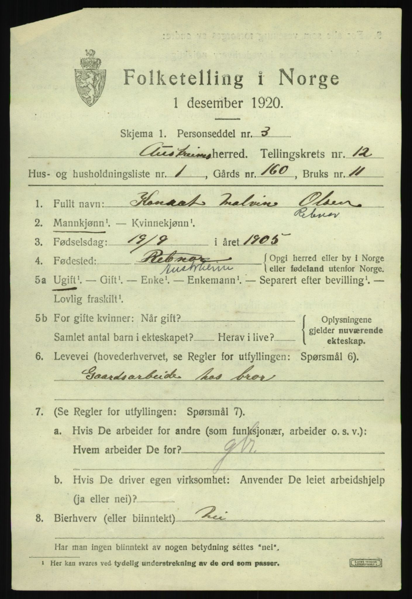 SAB, 1920 census for Austrheim, 1920, p. 4360