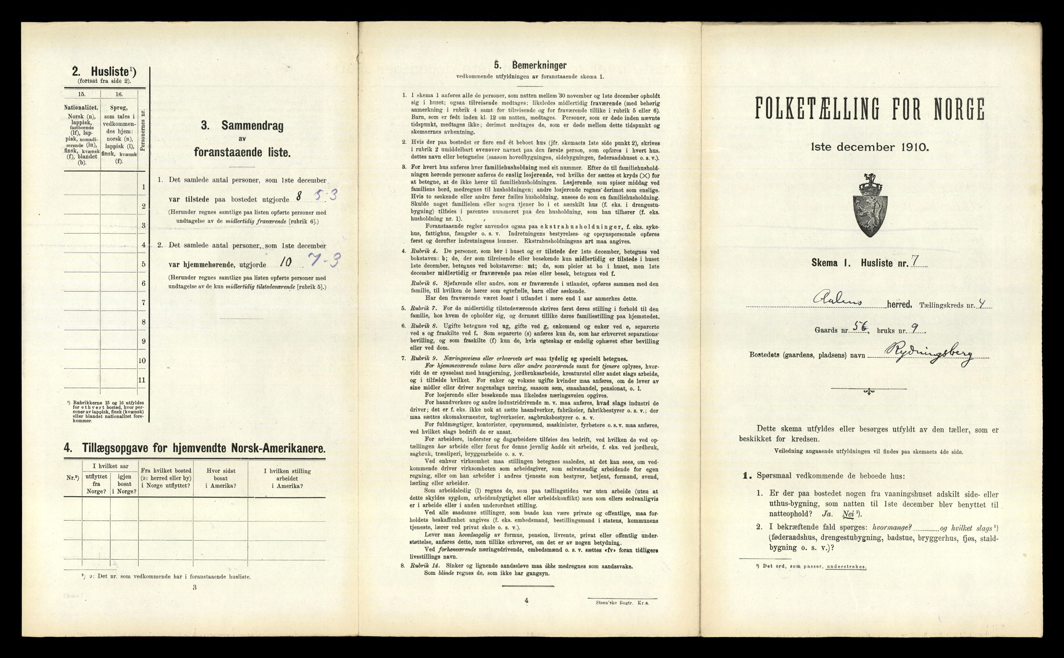 RA, 1910 census for Ålen, 1910, p. 325