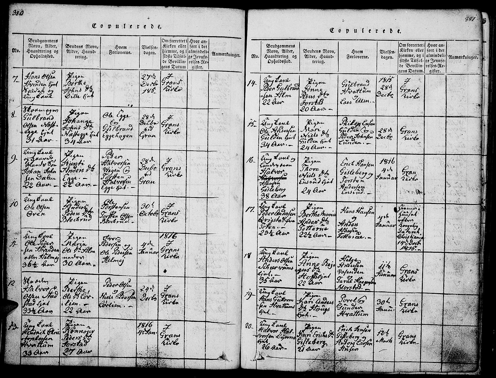 Gran prestekontor, SAH/PREST-112/H/Ha/Hab/L0001: Parish register (copy) no. 1, 1815-1824, p. 380-381