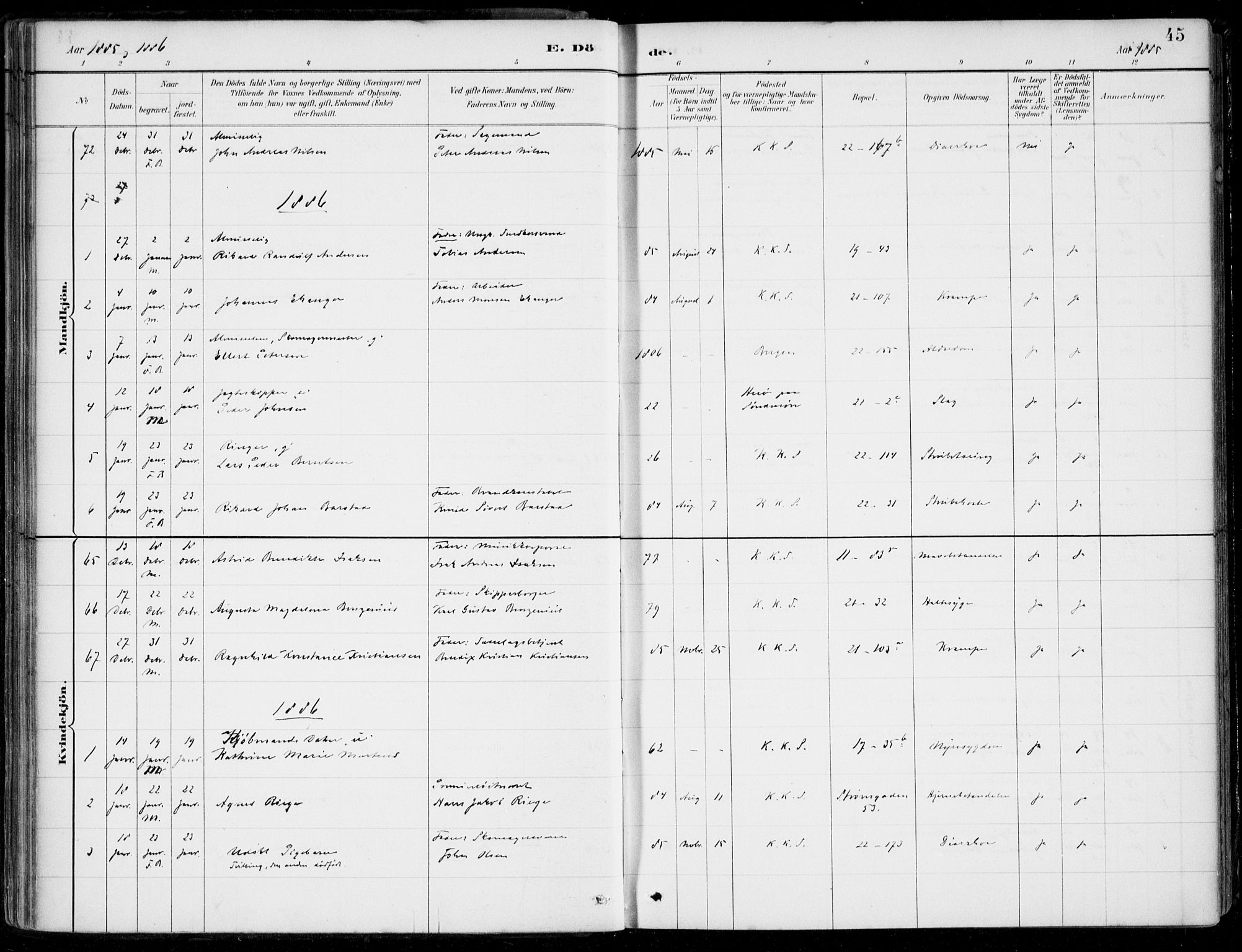 Korskirken sokneprestembete, SAB/A-76101/H/Hab: Parish register (copy) no. E 4, 1884-1910, p. 45