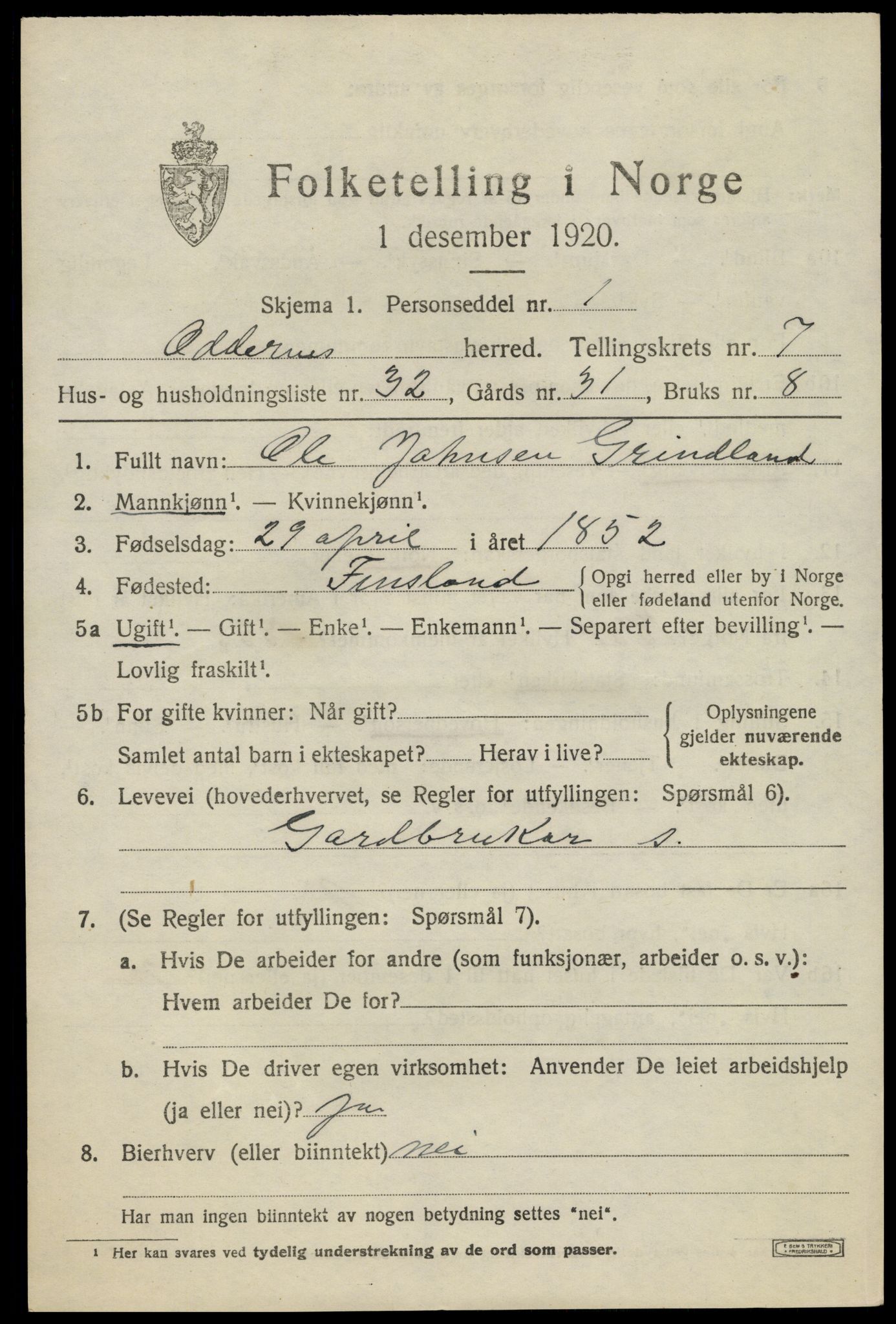 SAK, 1920 census for Oddernes, 1920, p. 5549