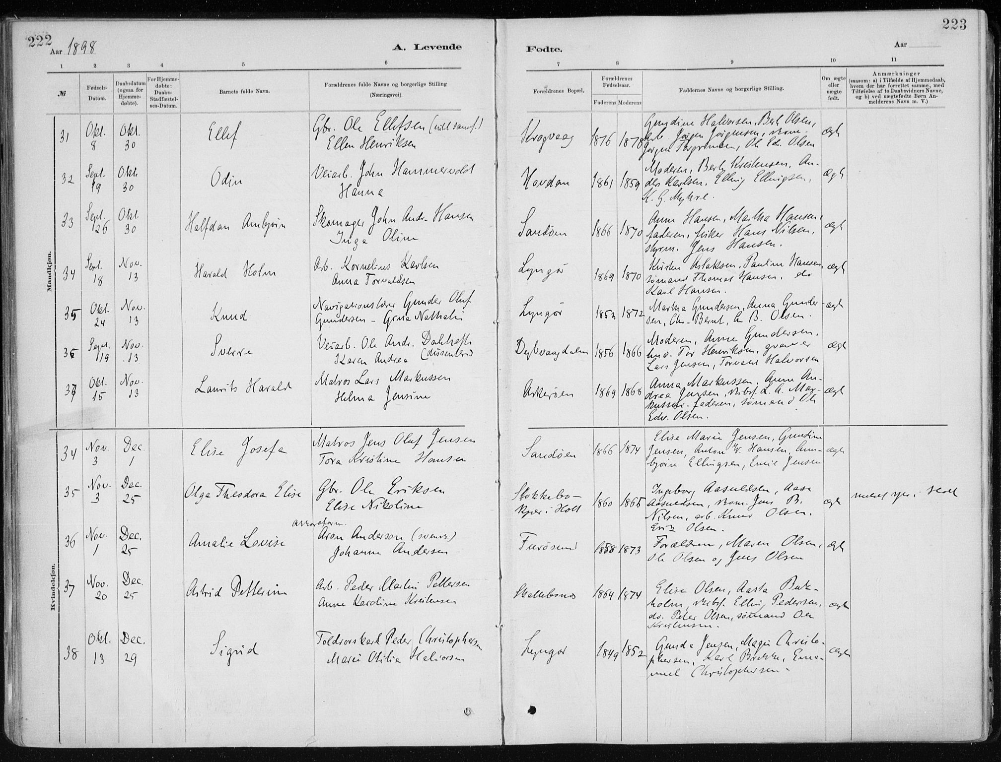 Dypvåg sokneprestkontor, SAK/1111-0007/F/Fa/Faa/L0008: Parish register (official) no. A 8, 1885-1906, p. 222-223