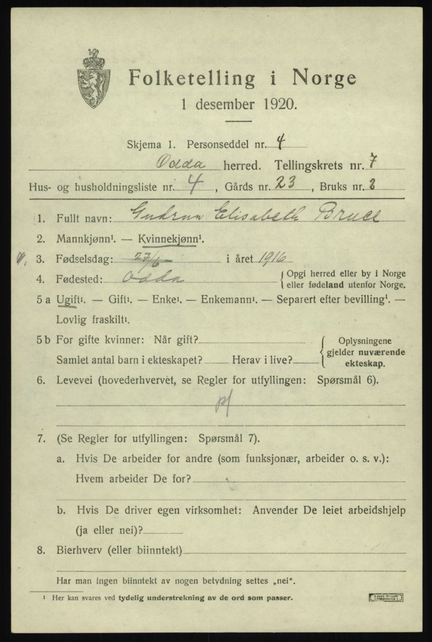 SAB, 1920 census for Odda, 1920, p. 4923