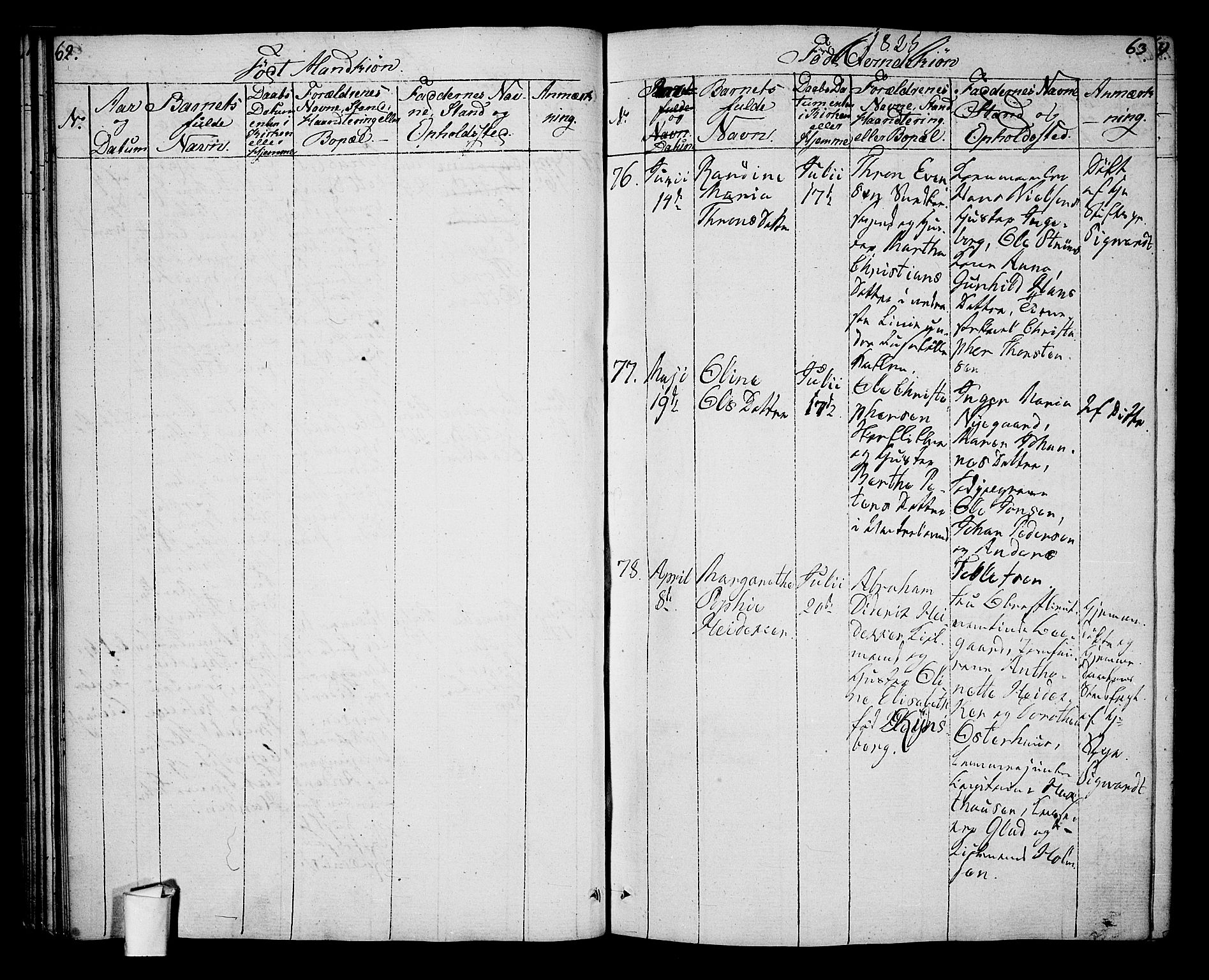 Oslo domkirke Kirkebøker, AV/SAO-A-10752/G/Ga/L0003: Parish register (copy) no. 3, 1823-1825, p. 62-63