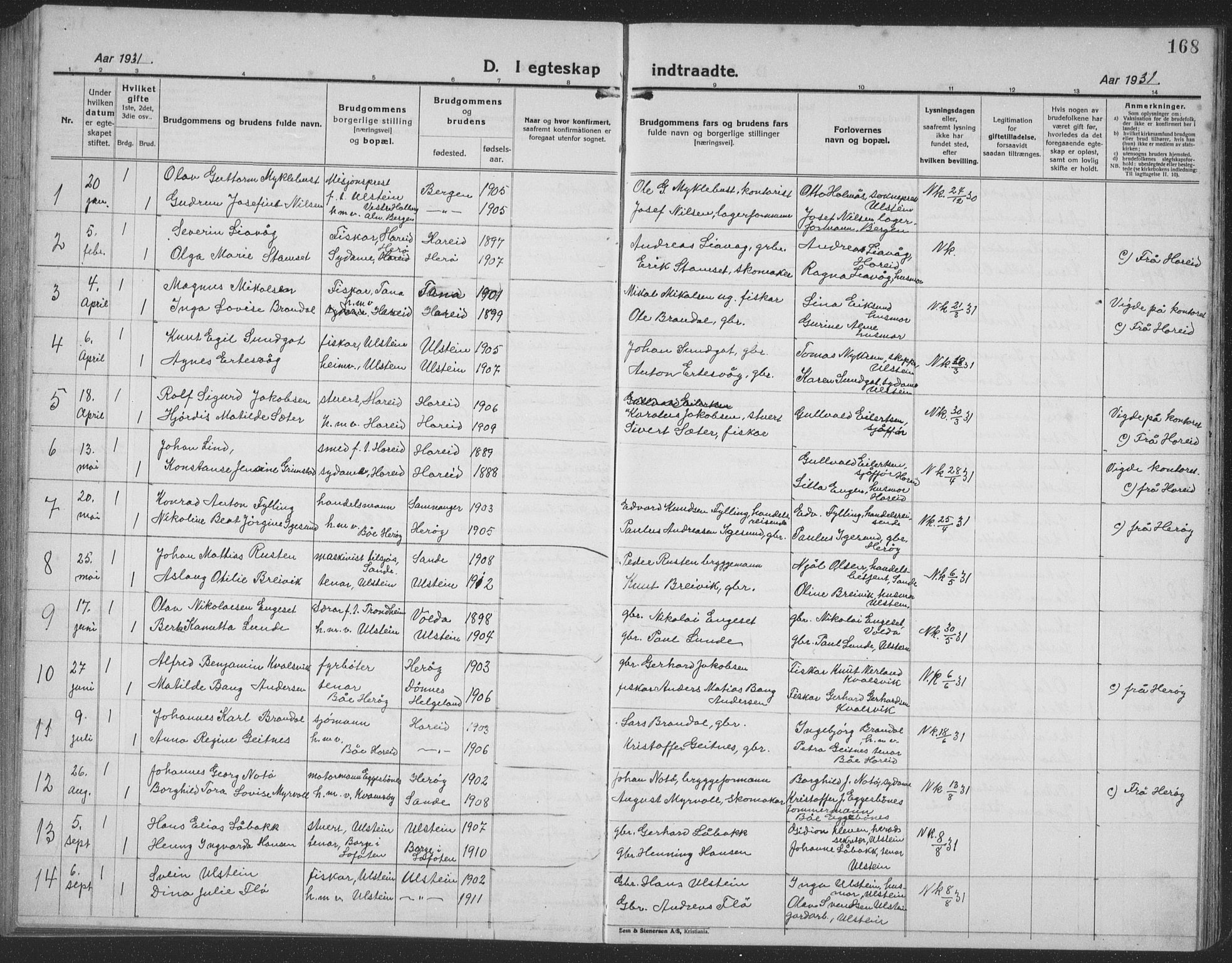 Ministerialprotokoller, klokkerbøker og fødselsregistre - Møre og Romsdal, SAT/A-1454/509/L0113: Parish register (copy) no. 509C03, 1923-1939, p. 168