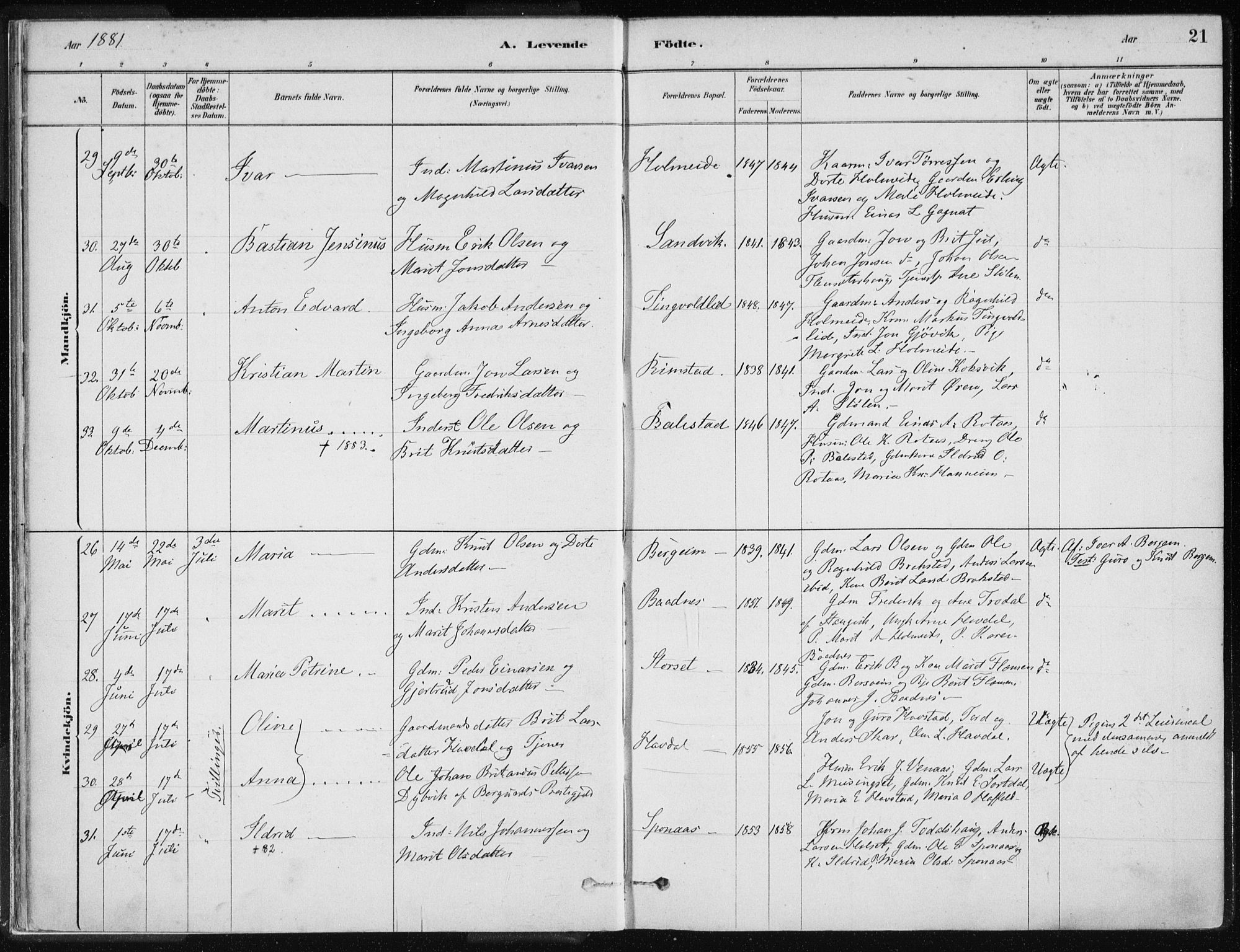 Ministerialprotokoller, klokkerbøker og fødselsregistre - Møre og Romsdal, AV/SAT-A-1454/586/L0987: Parish register (official) no. 586A13, 1879-1892, p. 21