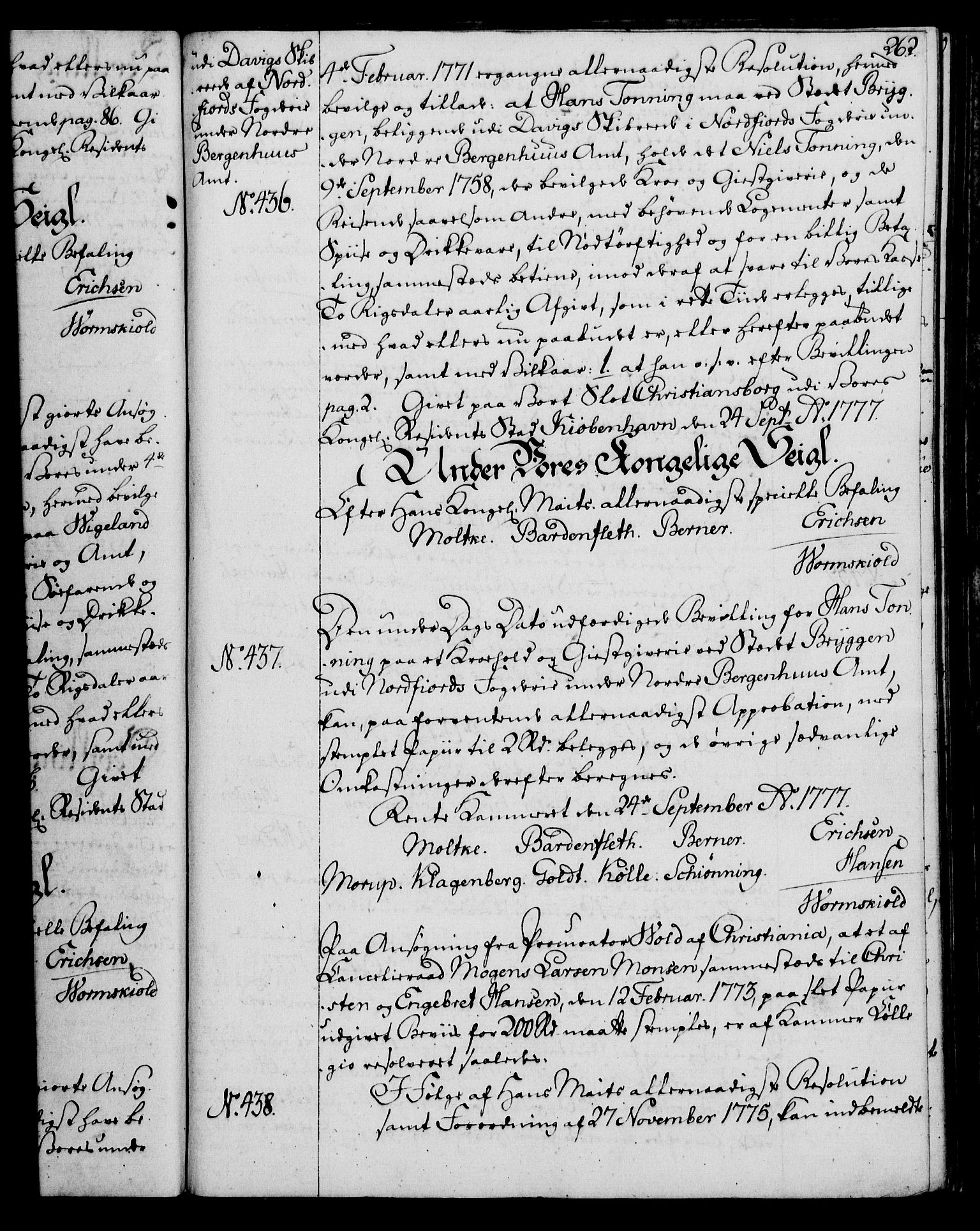 Rentekammeret, Kammerkanselliet, AV/RA-EA-3111/G/Gg/Gga/L0010: Norsk ekspedisjonsprotokoll med register (merket RK 53.10), 1773-1778, p. 262