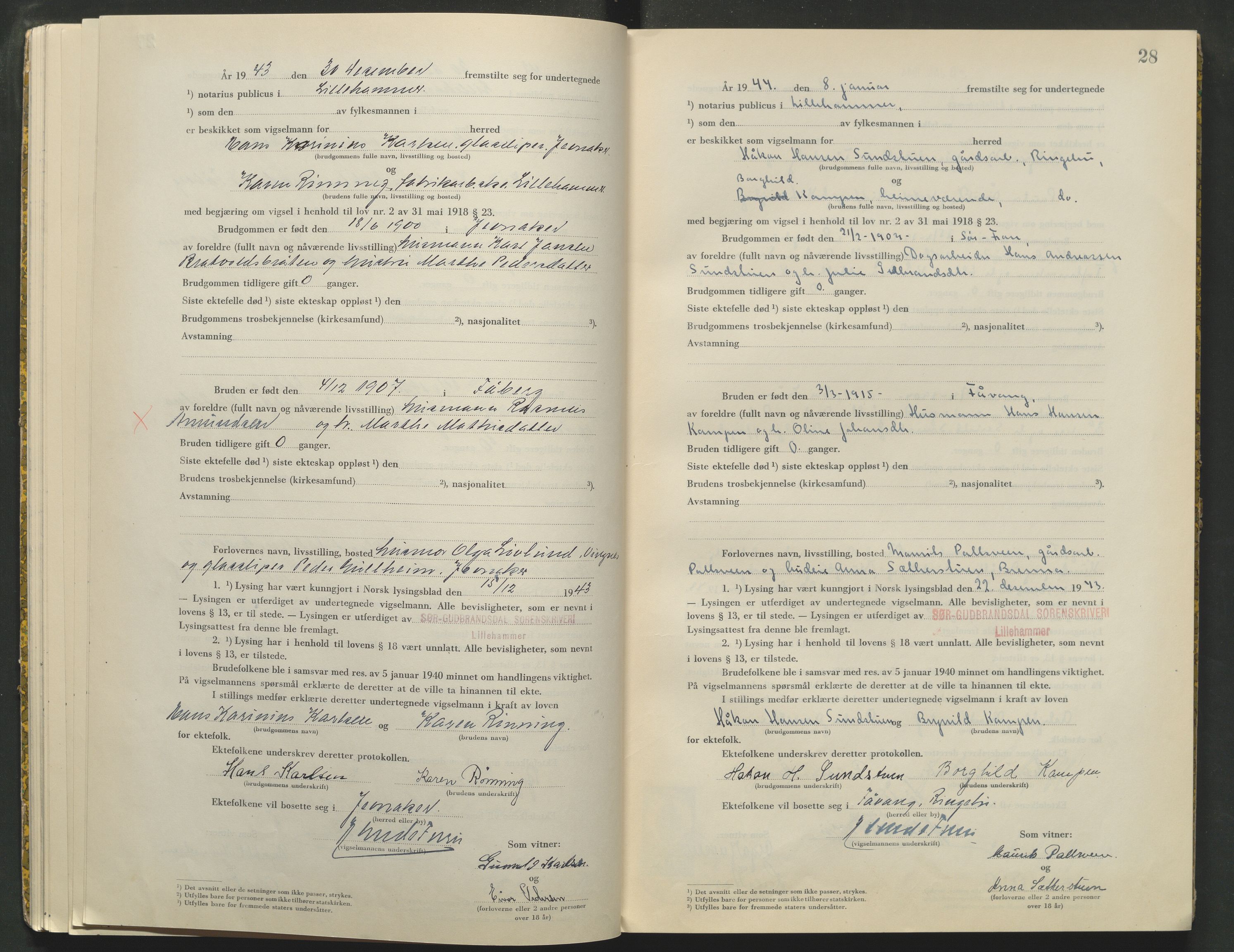 Sør-Gudbrandsdal tingrett, AV/SAH-TING-004/L/Lc/L0004: Vigselsprotokoll, 1943-1944, p. 28