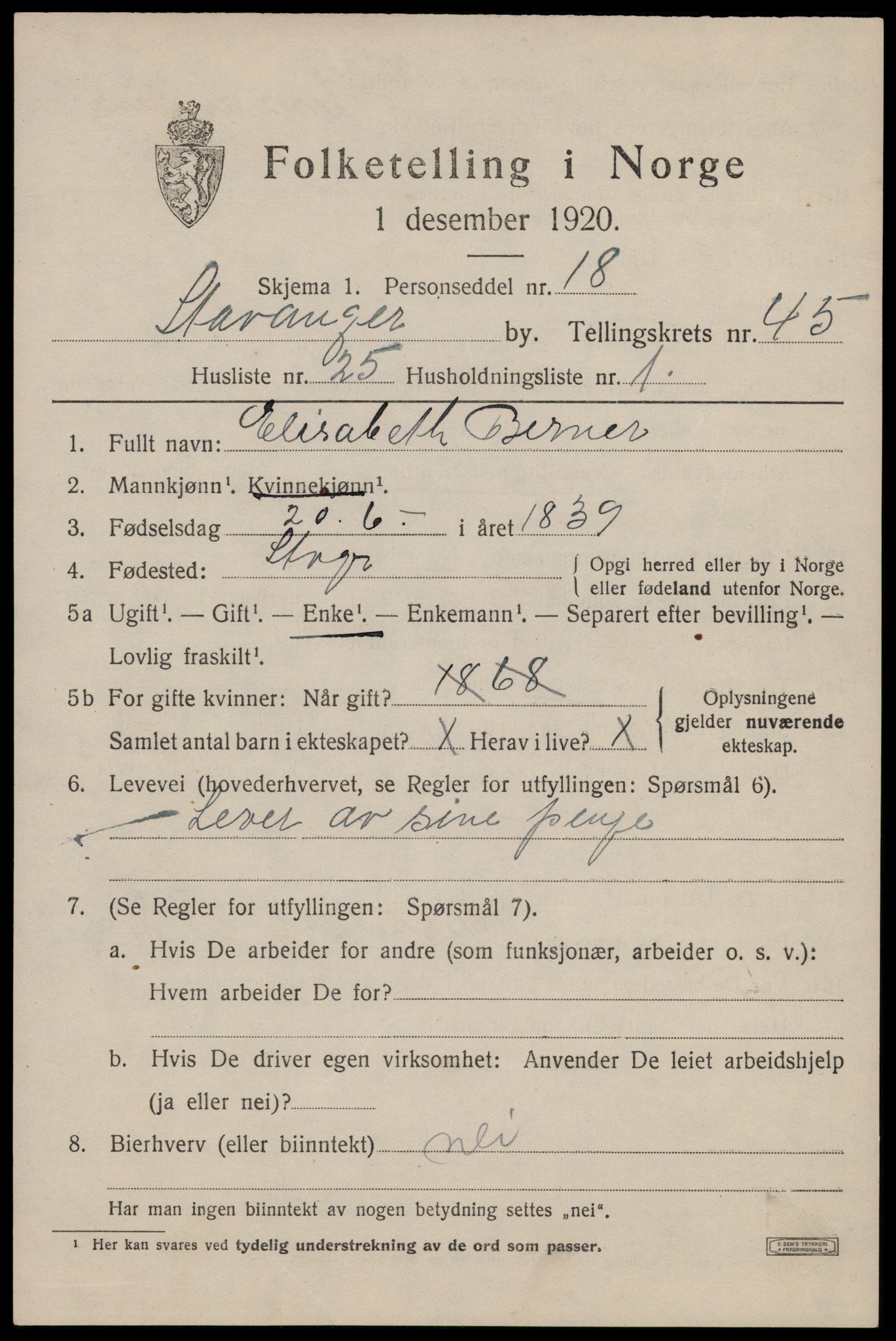SAST, 1920 census for Stavanger, 1920, p. 110590