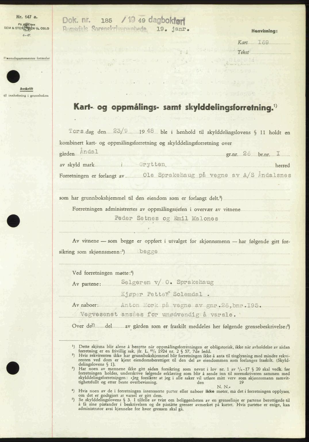 Romsdal sorenskriveri, AV/SAT-A-4149/1/2/2C: Mortgage book no. A28, 1948-1949, Diary no: : 185/1949