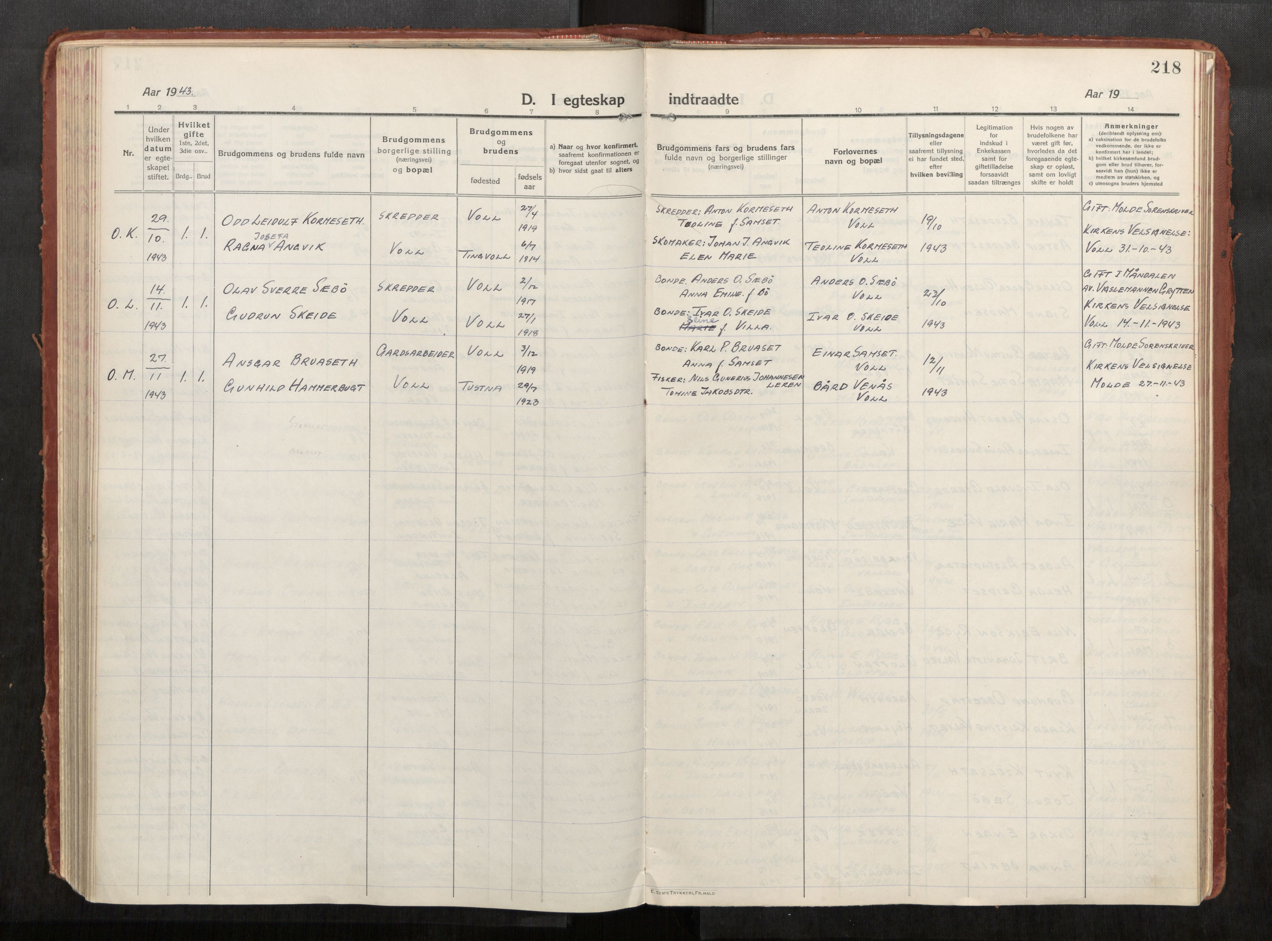 Eid sokneprestkontor, AV/SAT-A-1254: Parish register (official) no. 543A04, 1916-1956, p. 218