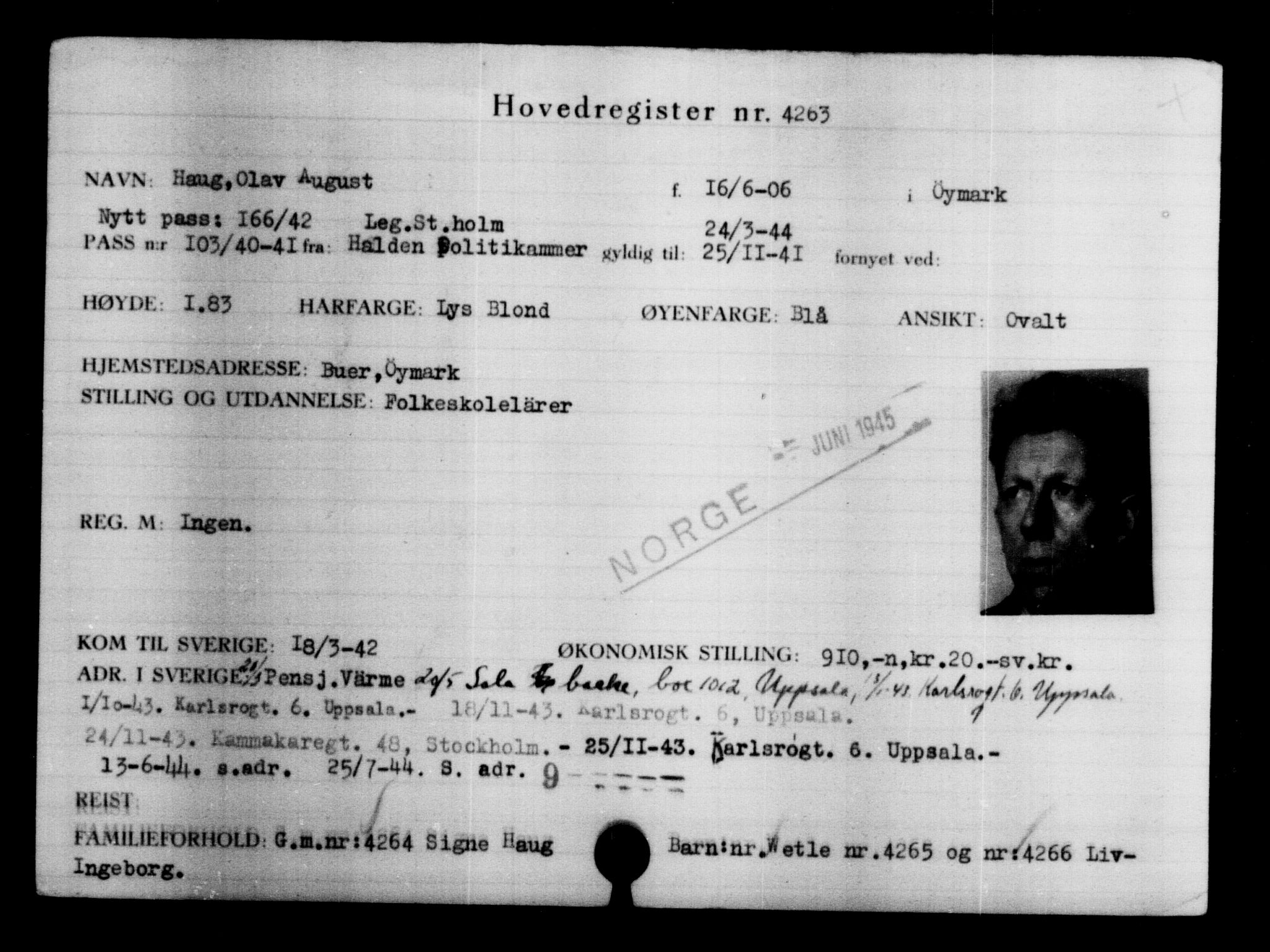 Utenriksstasjonene, Legasjonen i Stockholm, Flyktningkontoret, AV/RA-S-6753/V/Va/L0004: Kjesäterkartoteket, flyktninger med registreringsnr. 3496-6610, 1940-1945, p. 930