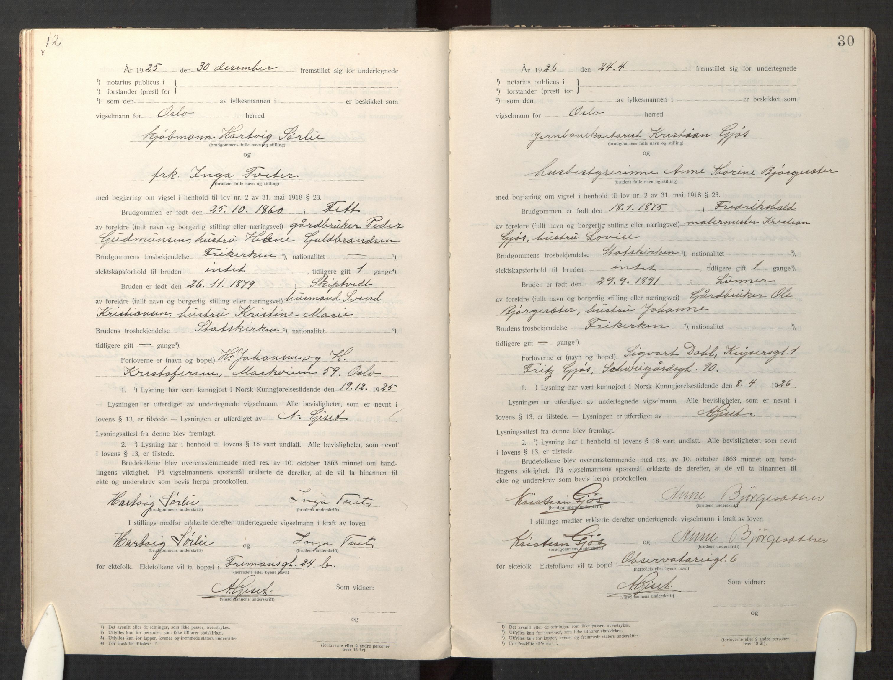 Den evangelisk-lutherske frikirke østre menighet, Oslo, SAO/PAO-0245/F/L0005: Marriage register (dissenter) no. 5, 1920-1941, p. 30