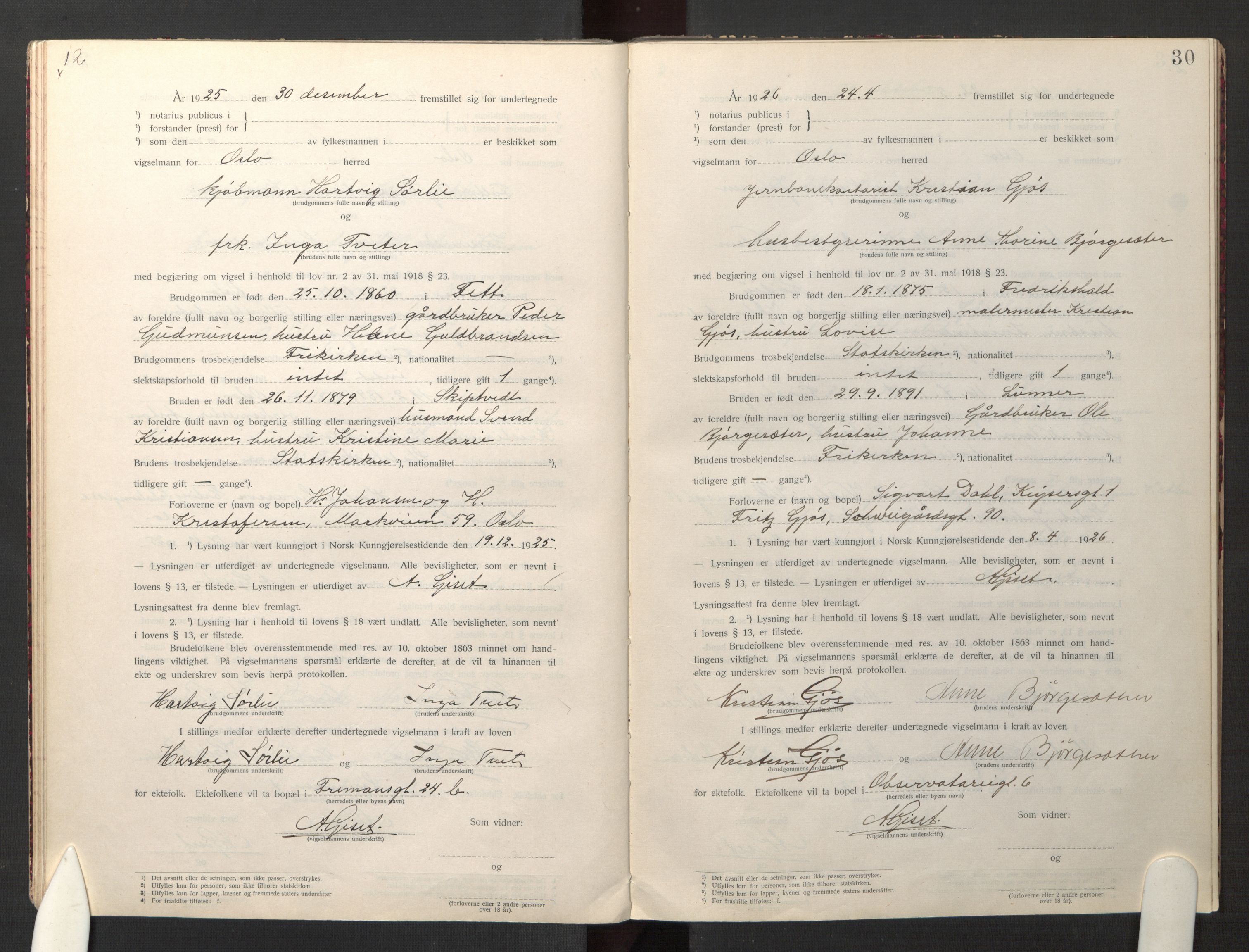 Den evangelisk-lutherske frikirke østre menighet, Oslo, AV/SAO-PAO-0245/F/L0005: Marriage register (dissenter) no. 5, 1920-1941, p. 30