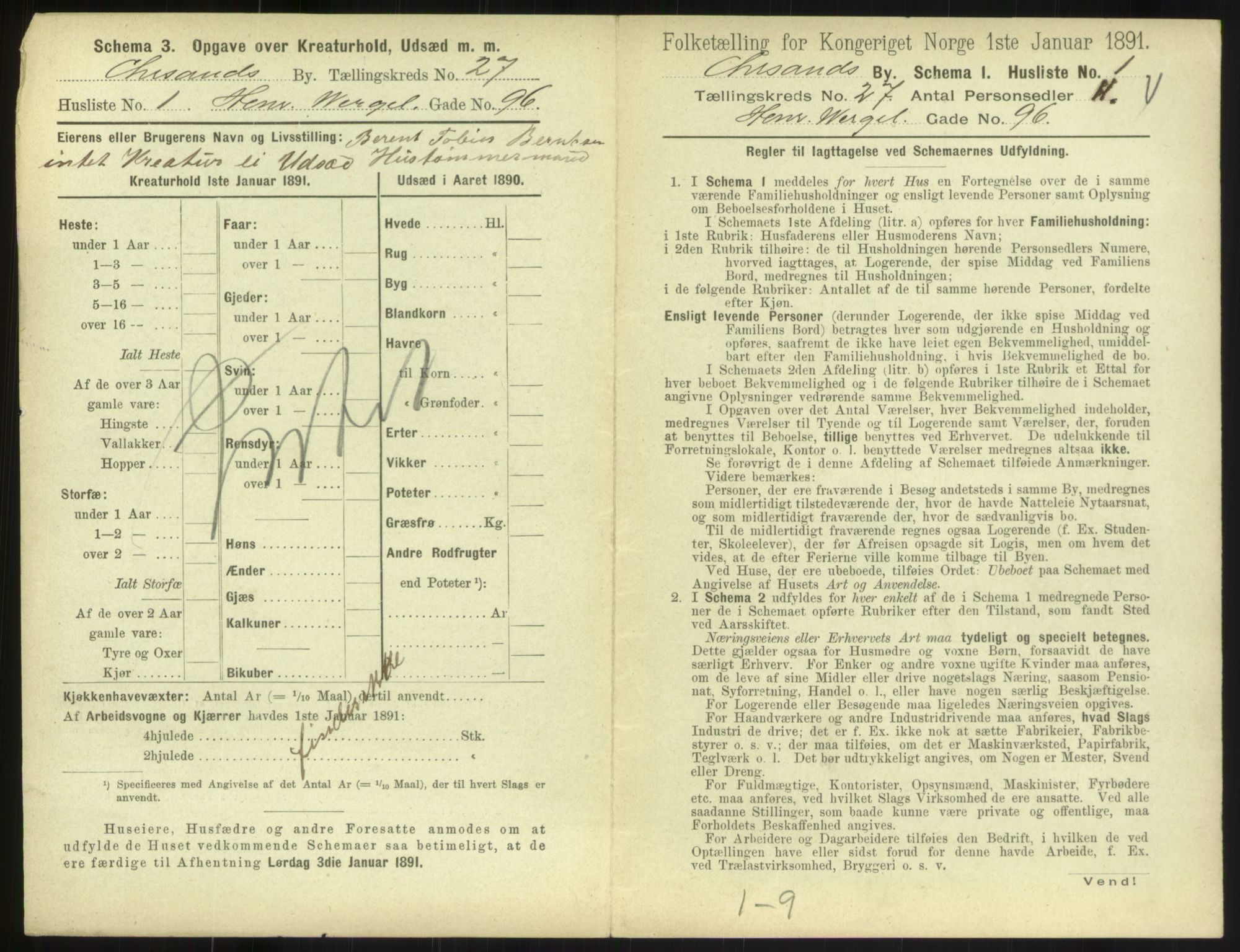 RA, 1891 census for 1001 Kristiansand, 1891, p. 1496