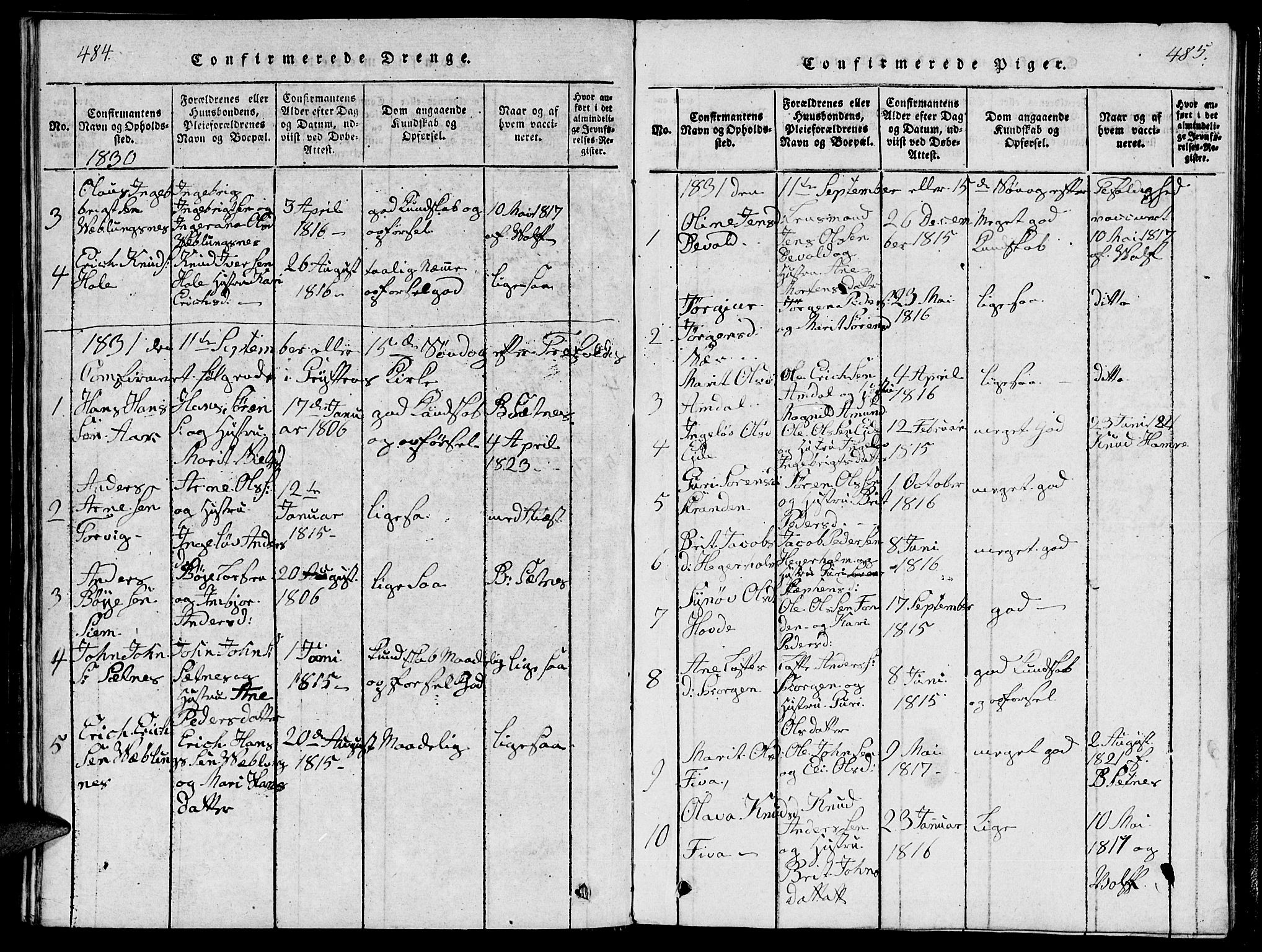 Ministerialprotokoller, klokkerbøker og fødselsregistre - Møre og Romsdal, AV/SAT-A-1454/544/L0579: Parish register (copy) no. 544C01, 1818-1836, p. 484-485