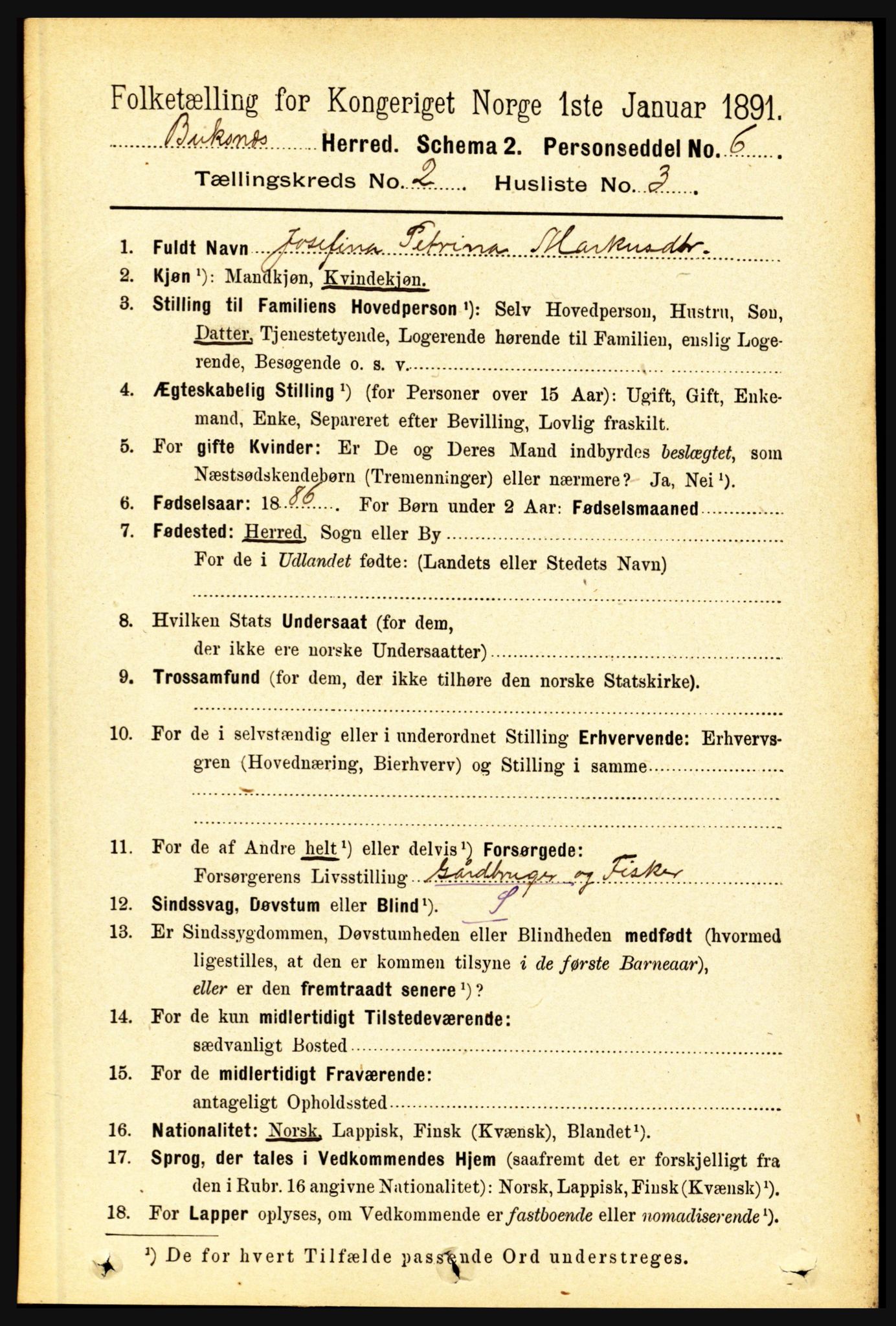 RA, 1891 census for 1860 Buksnes, 1891, p. 1619