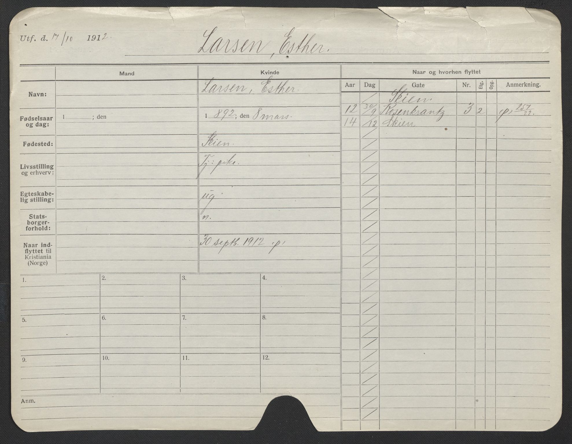 Oslo folkeregister, Registerkort, AV/SAO-A-11715/F/Fa/Fac/L0019: Kvinner, 1906-1914, p. 880a