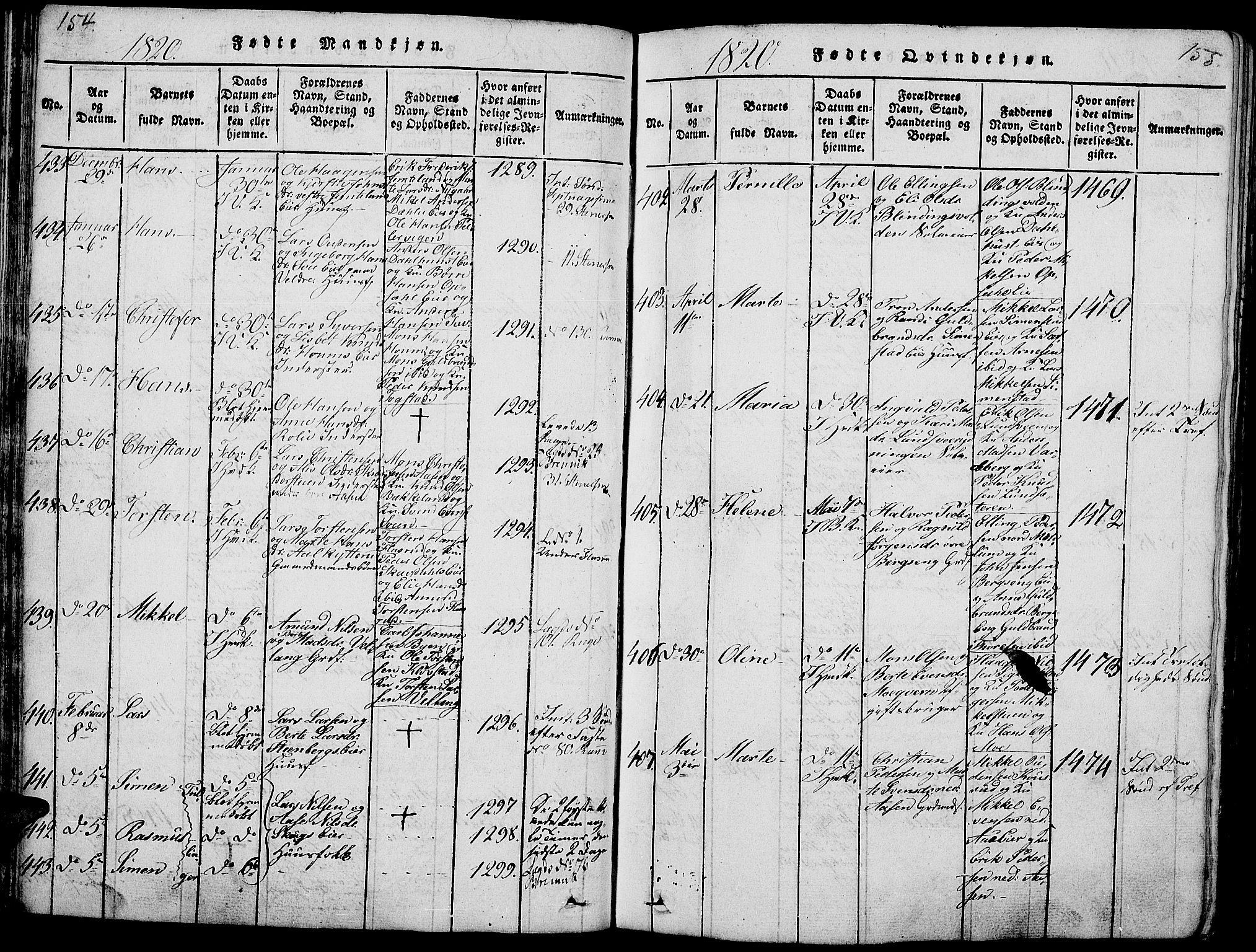 Ringsaker prestekontor, SAH/PREST-014/L/La/L0001: Parish register (copy) no. 1, 1814-1826, p. 154-155