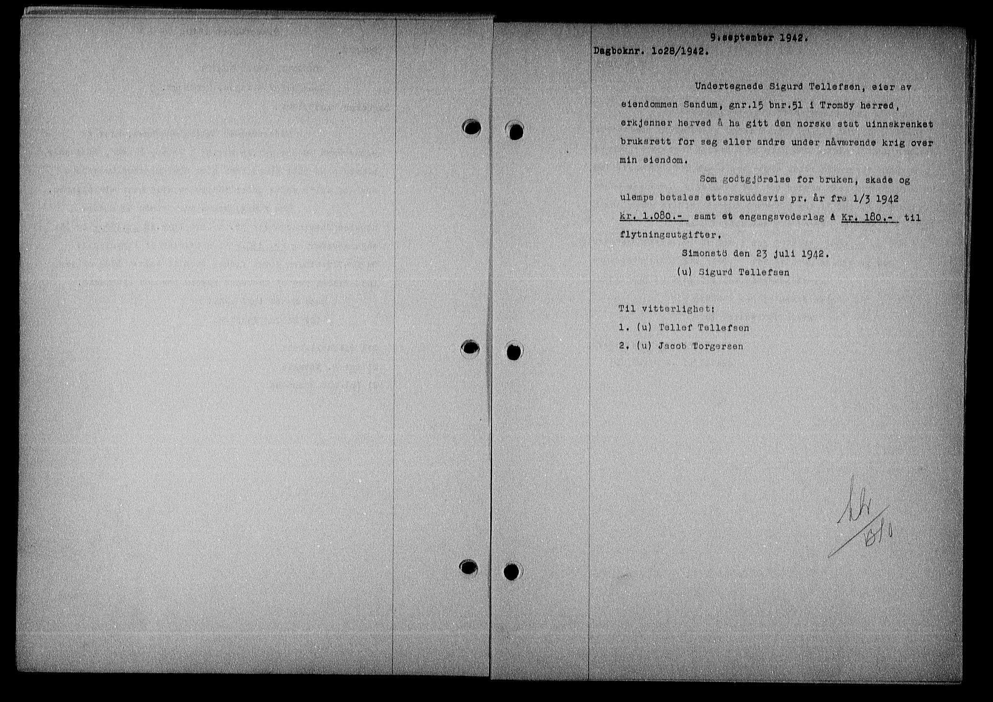 Nedenes sorenskriveri, AV/SAK-1221-0006/G/Gb/Gba/L0049: Mortgage book no. A-III, 1941-1942, Diary no: : 1028/1942