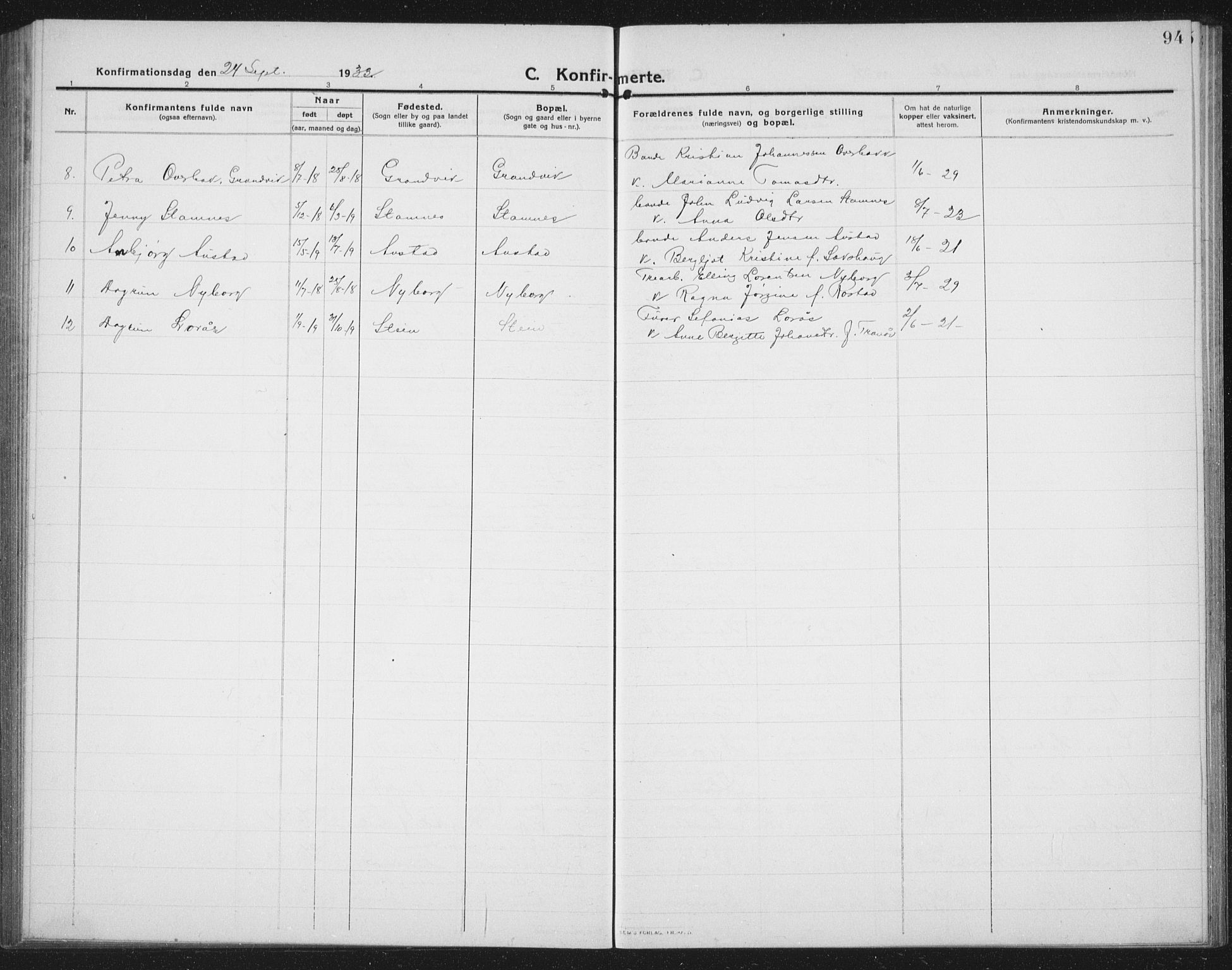 Ministerialprotokoller, klokkerbøker og fødselsregistre - Nord-Trøndelag, AV/SAT-A-1458/731/L0312: Parish register (copy) no. 731C03, 1911-1935, p. 94