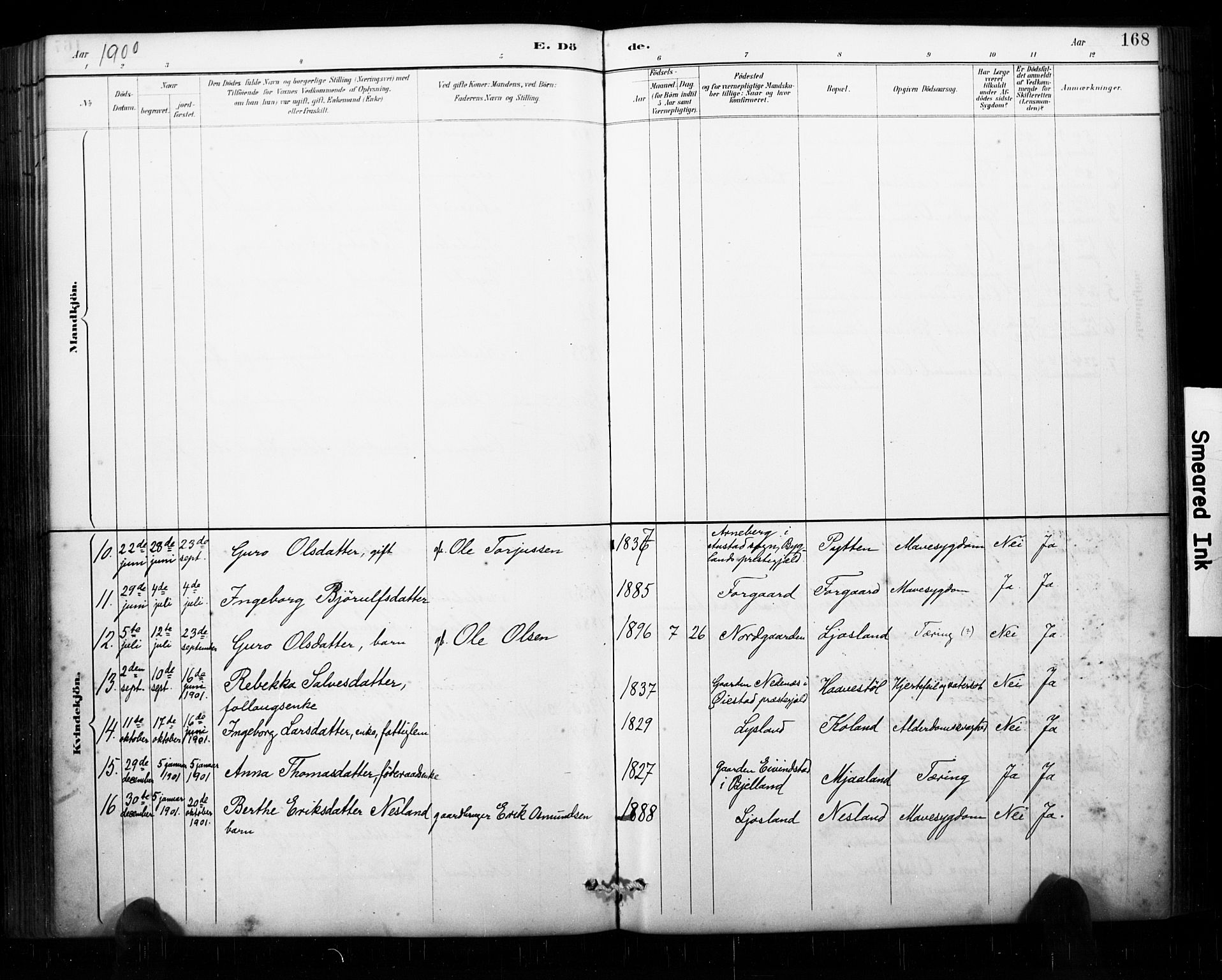 Åseral sokneprestkontor, AV/SAK-1111-0051/F/Fa/L0003: Parish register (official) no. A 3, 1884-1901, p. 168