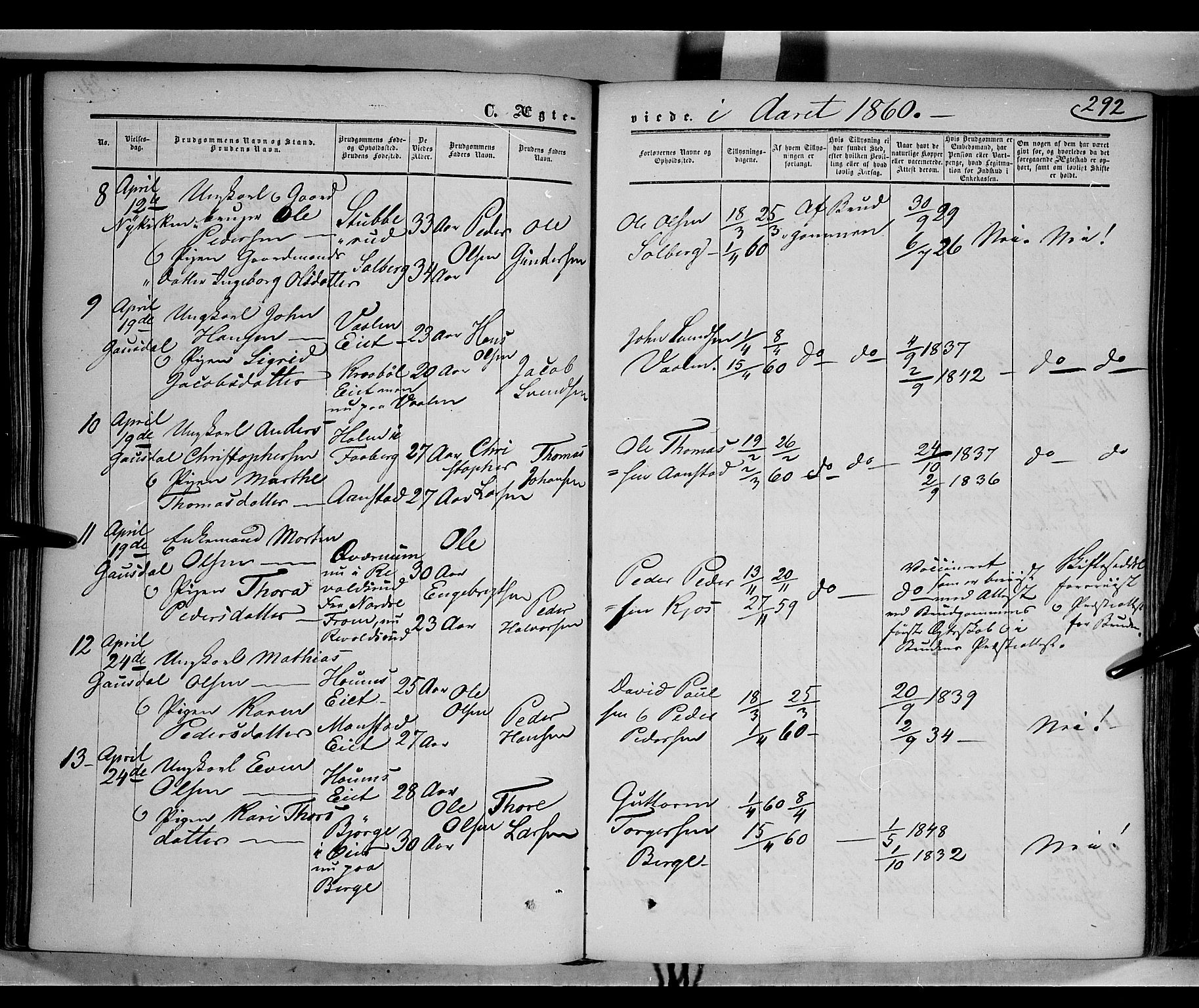 Gausdal prestekontor, SAH/PREST-090/H/Ha/Haa/L0008: Parish register (official) no. 8, 1850-1861, p. 292