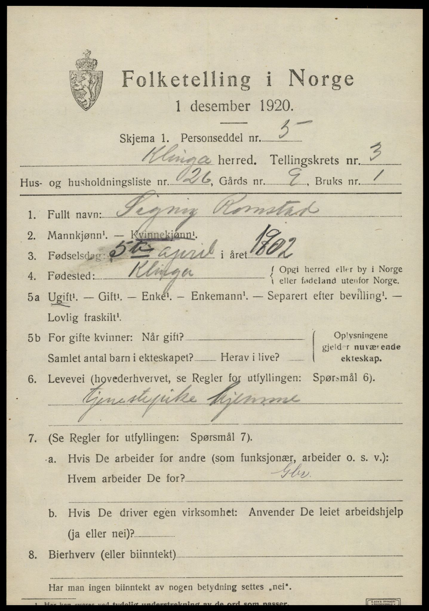 SAT, 1920 census for Klinga, 1920, p. 2381