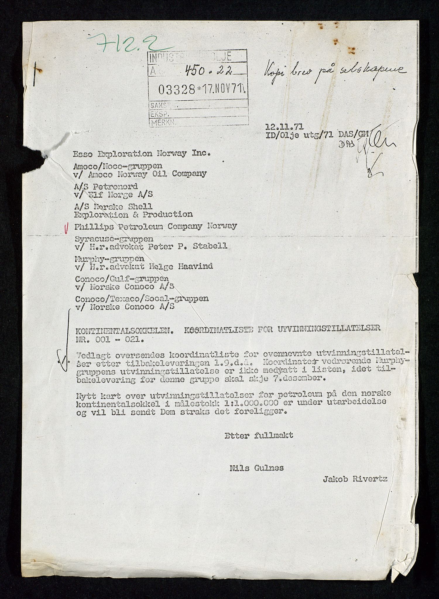 Industridepartementet, Oljekontoret, AV/SAST-A-101348/Da/L0004: Arkivnøkkel 711 - 712 Utvinningstillatelser, 1970-1971, p. 351