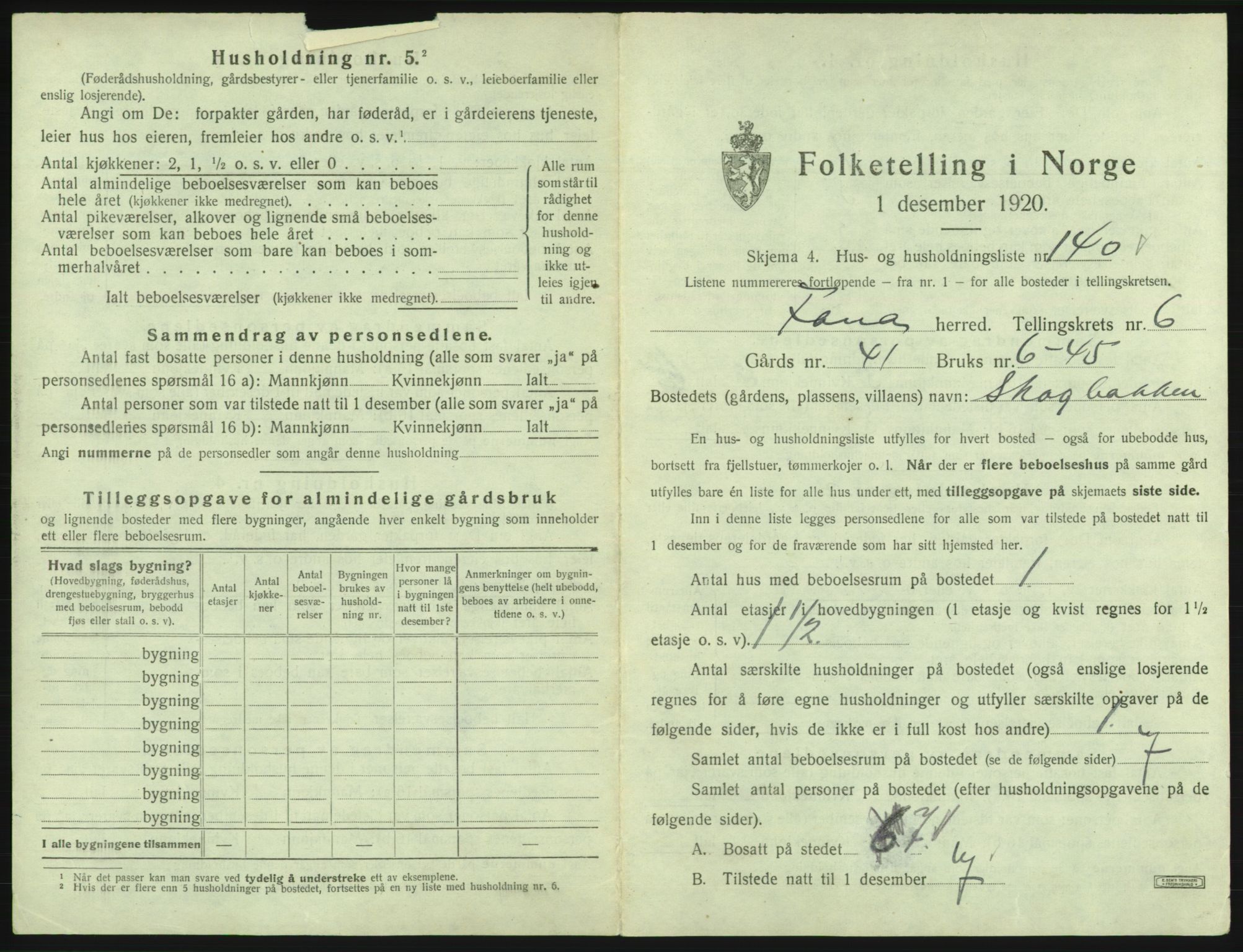 SAB, 1920 census for Fana, 1920, p. 1227